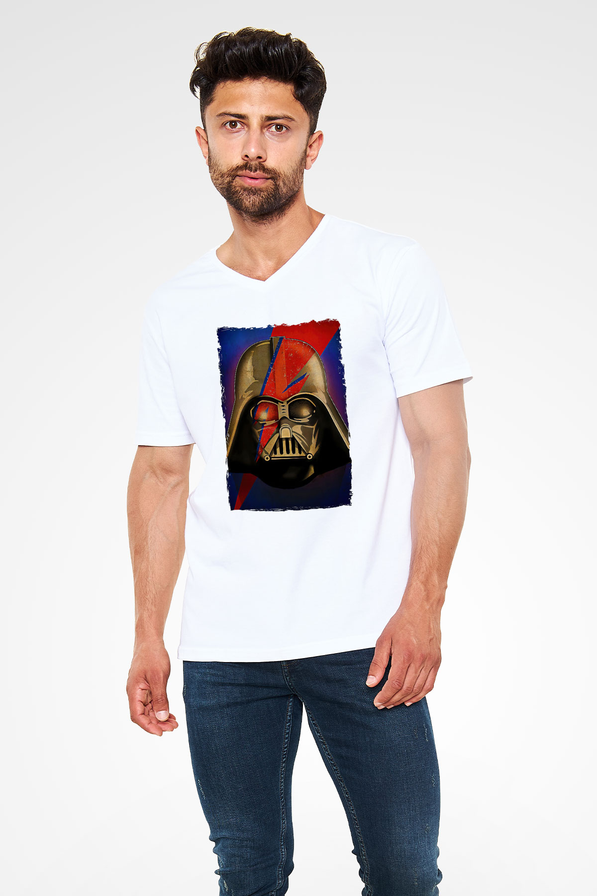 Star Wars (Dart Vader) Baskılı Beyaz Unisex V Yaka Tişört - Tshirt