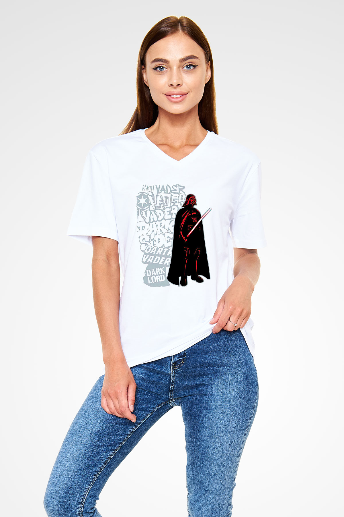 Star Wars (Dart Vader) Baskılı Beyaz Unisex V Yaka Tişört - Tshirt