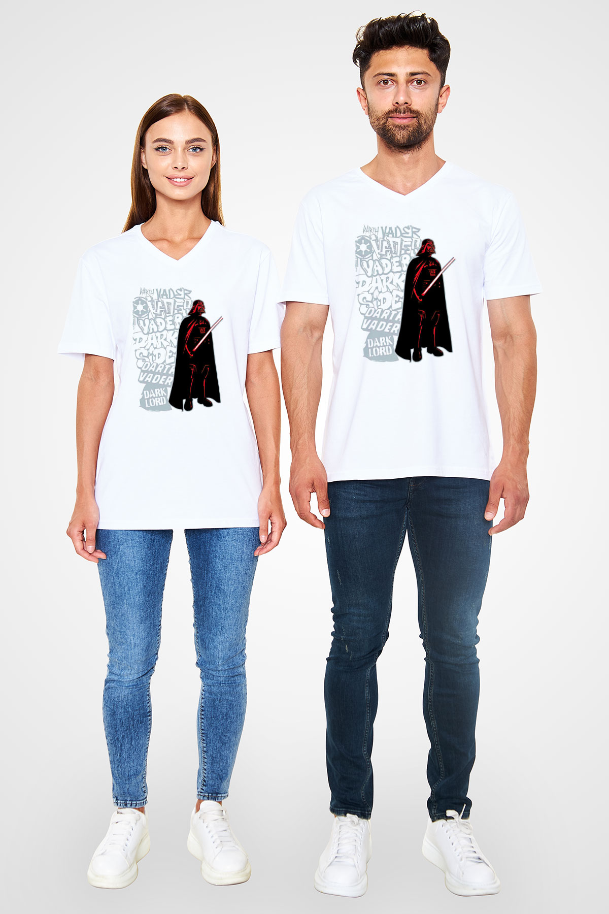 Star Wars (Dart Vader) Baskılı Beyaz Unisex V Yaka Tişört - Tshirt