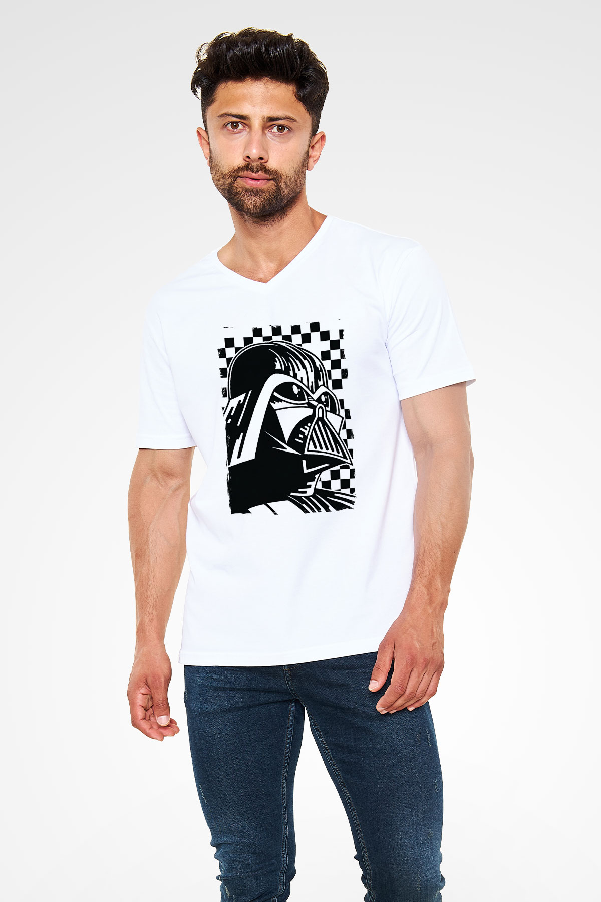 Star Wars (Dart Vader) Baskılı Beyaz Unisex V Yaka Tişört - Tshirt