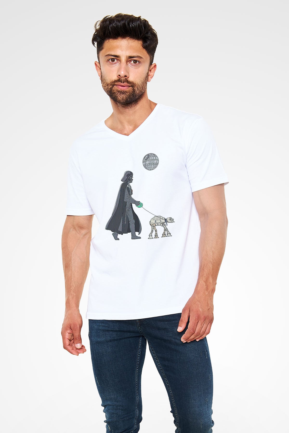 Star Wars (Dart Vader) Baskılı Beyaz Unisex V Yaka Tişört - Tshirt