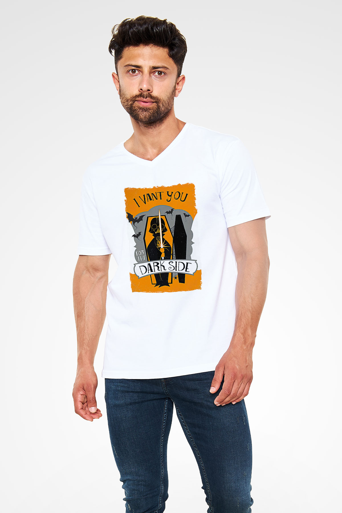 Star Wars (Dart Vader) Baskılı Beyaz Unisex V Yaka Tişört - Tshirt