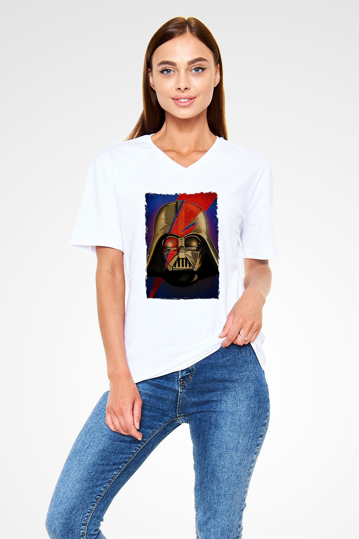 Star Wars (Dart Vader) Baskılı Beyaz Unisex V Yaka Tişört - Tshirt