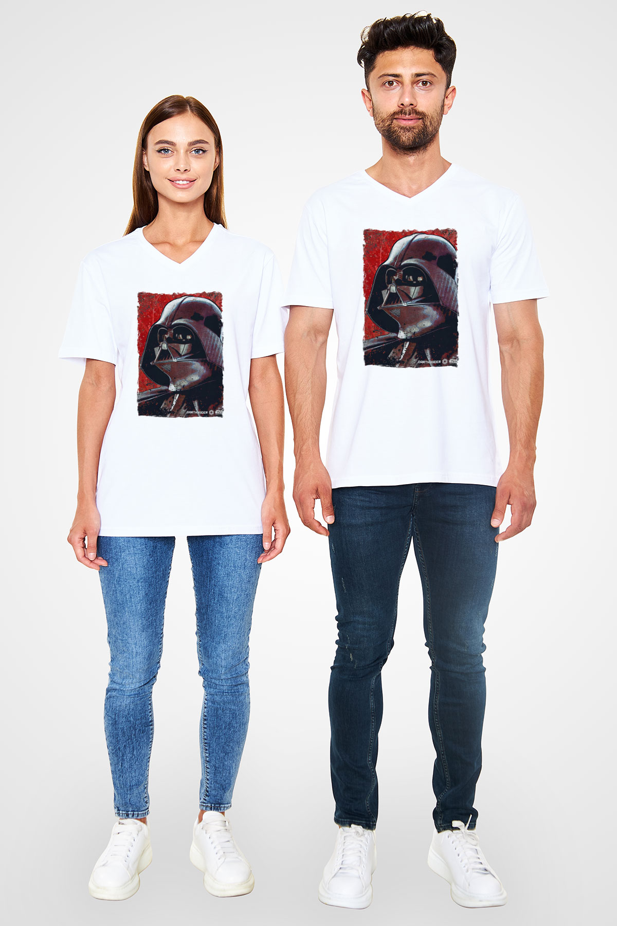 Star Wars (Dart Vader) Baskılı Beyaz Unisex V Yaka Tişört - Tshirt