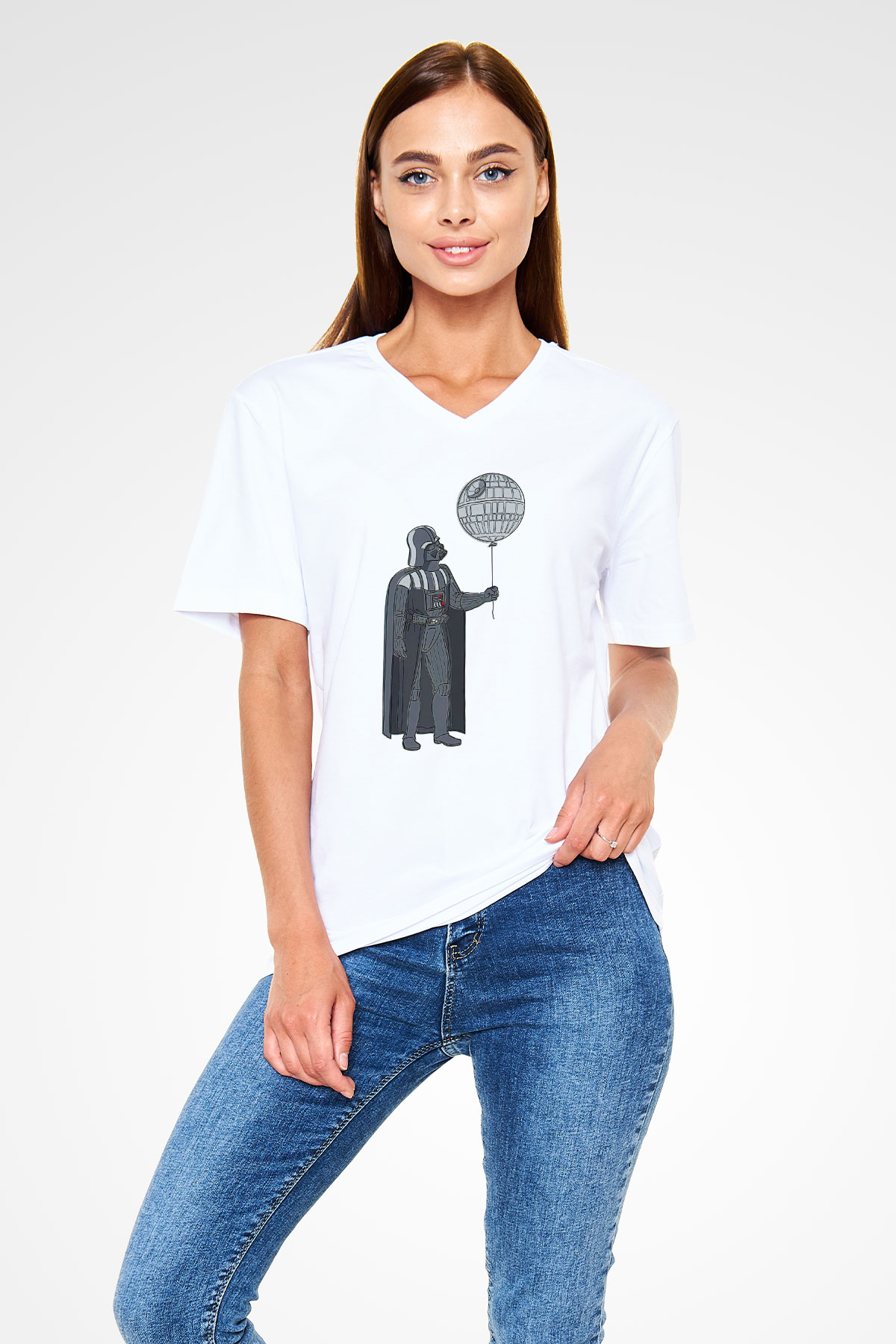 Star Wars (Dart Vader) Baskılı Beyaz Unisex V Yaka Tişört - Tshirt