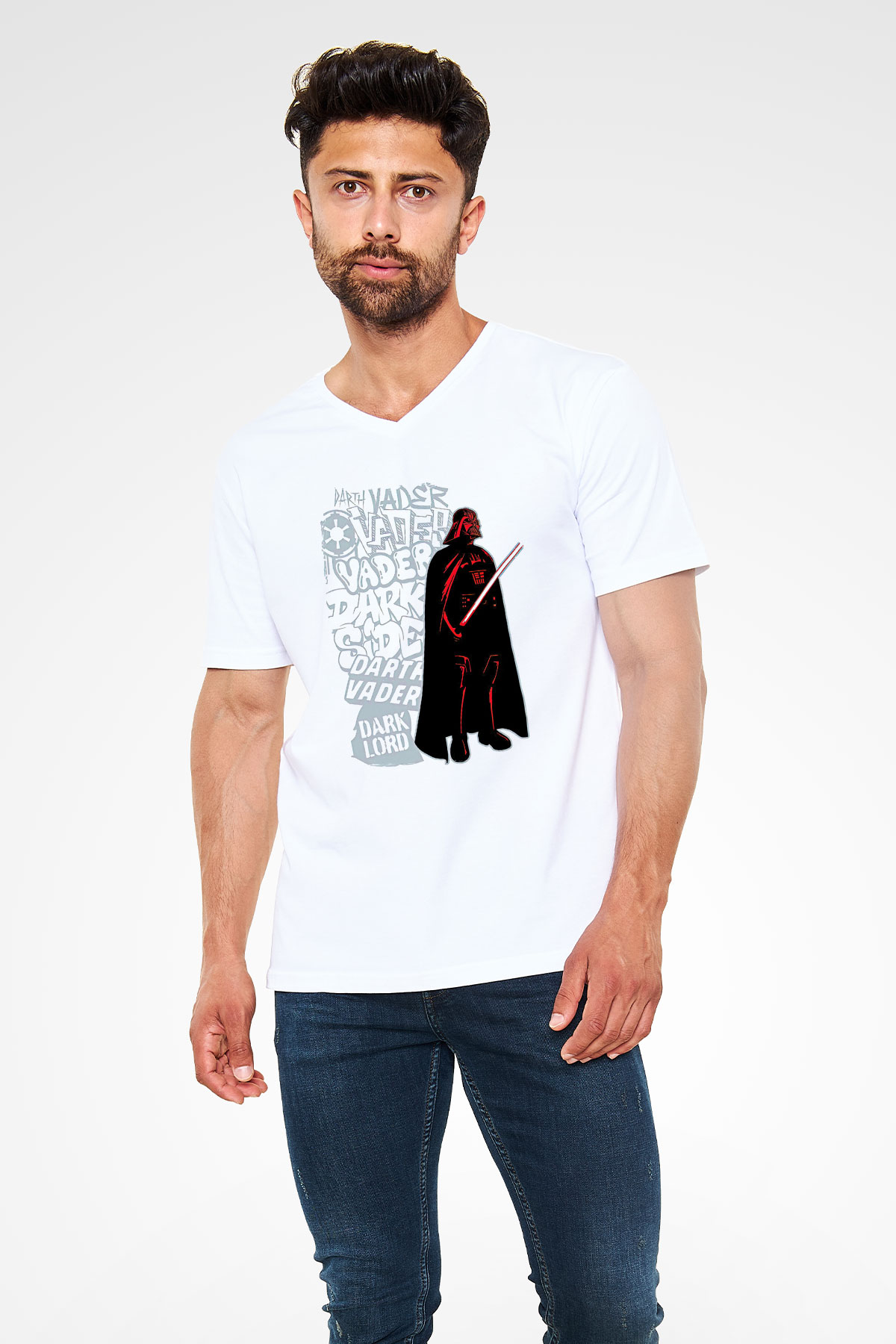 Star Wars (Dart Vader) Baskılı Beyaz Unisex V Yaka Tişört - Tshirt
