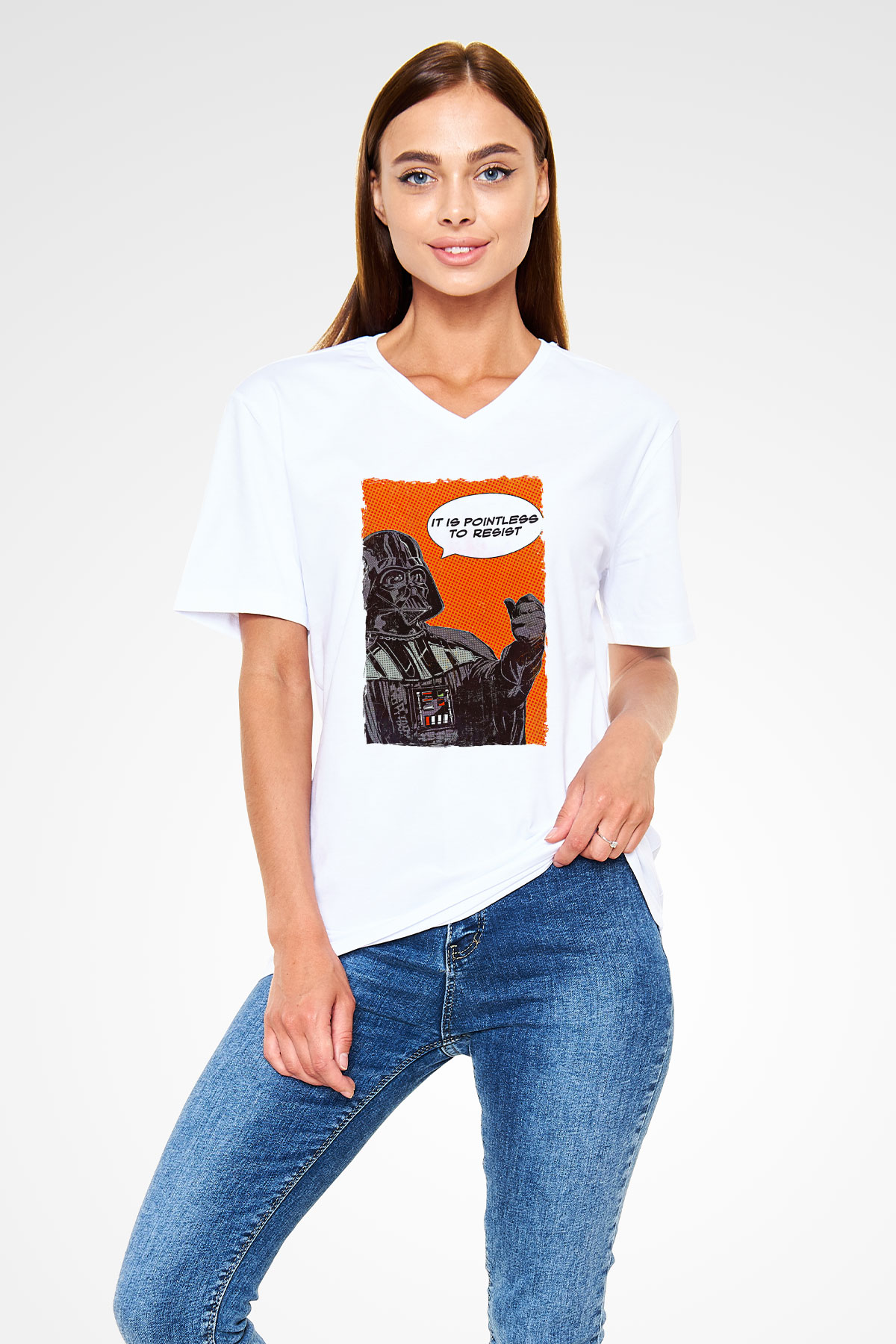 Star Wars (Dart Vader) Baskılı Beyaz Unisex V Yaka Tişört - Tshirt