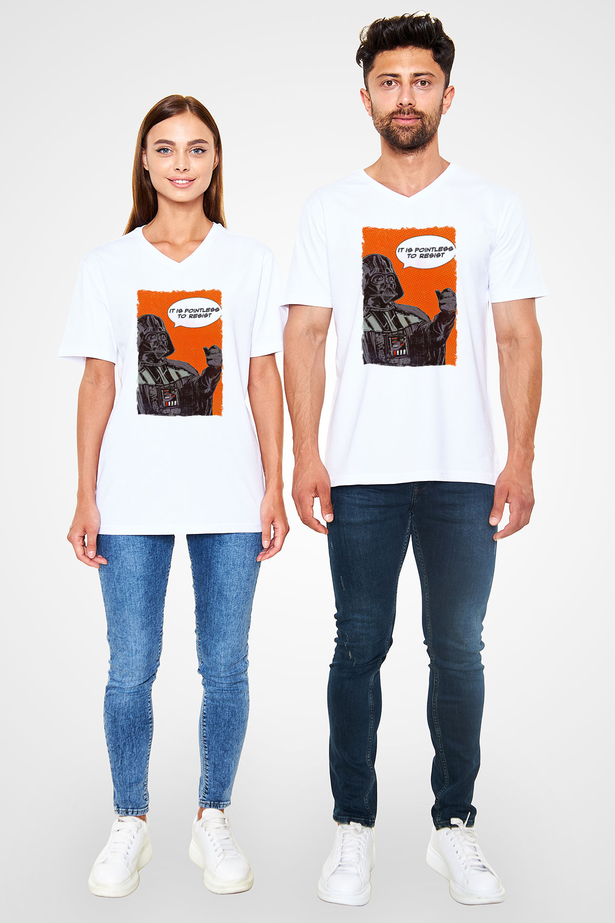 Star Wars (Dart Vader) Baskılı Beyaz Unisex V Yaka Tişört - Tshirt