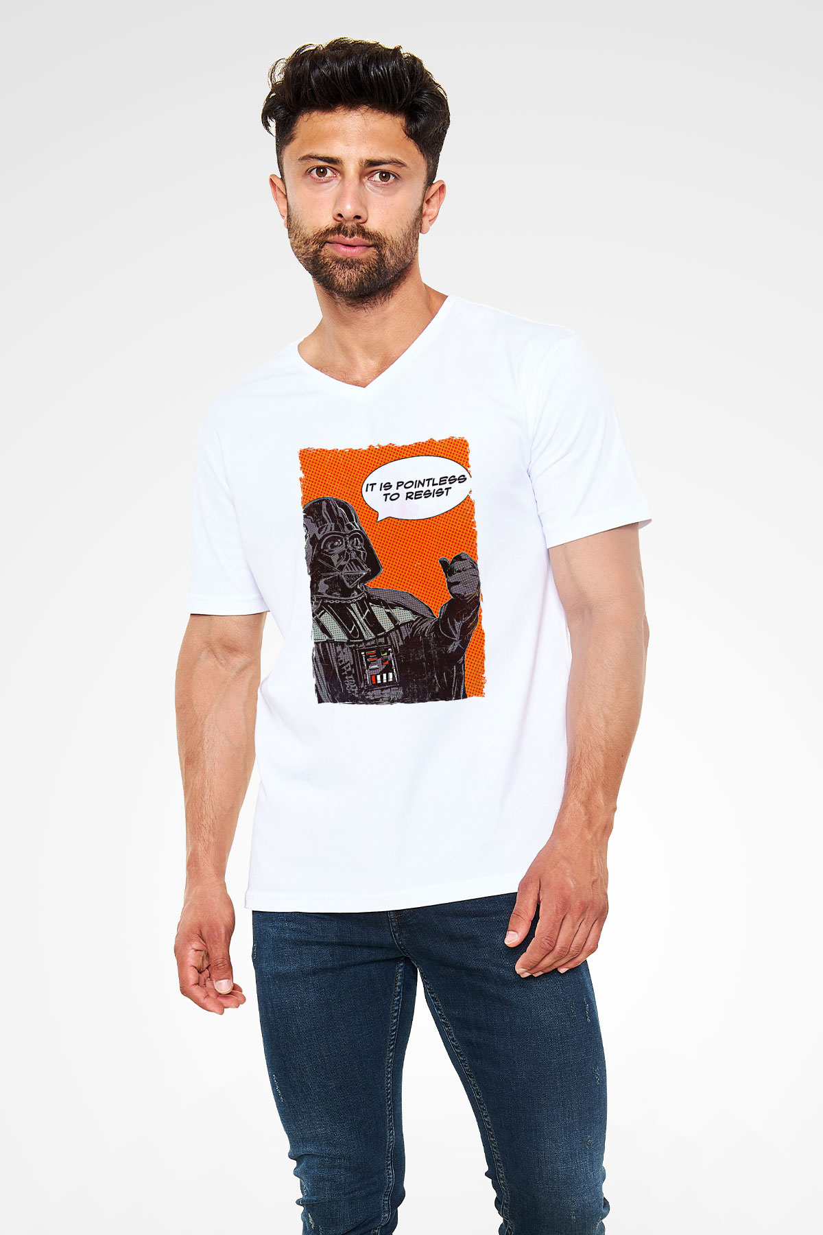 Star Wars (Dart Vader) Baskılı Beyaz Unisex V Yaka Tişört - Tshirt