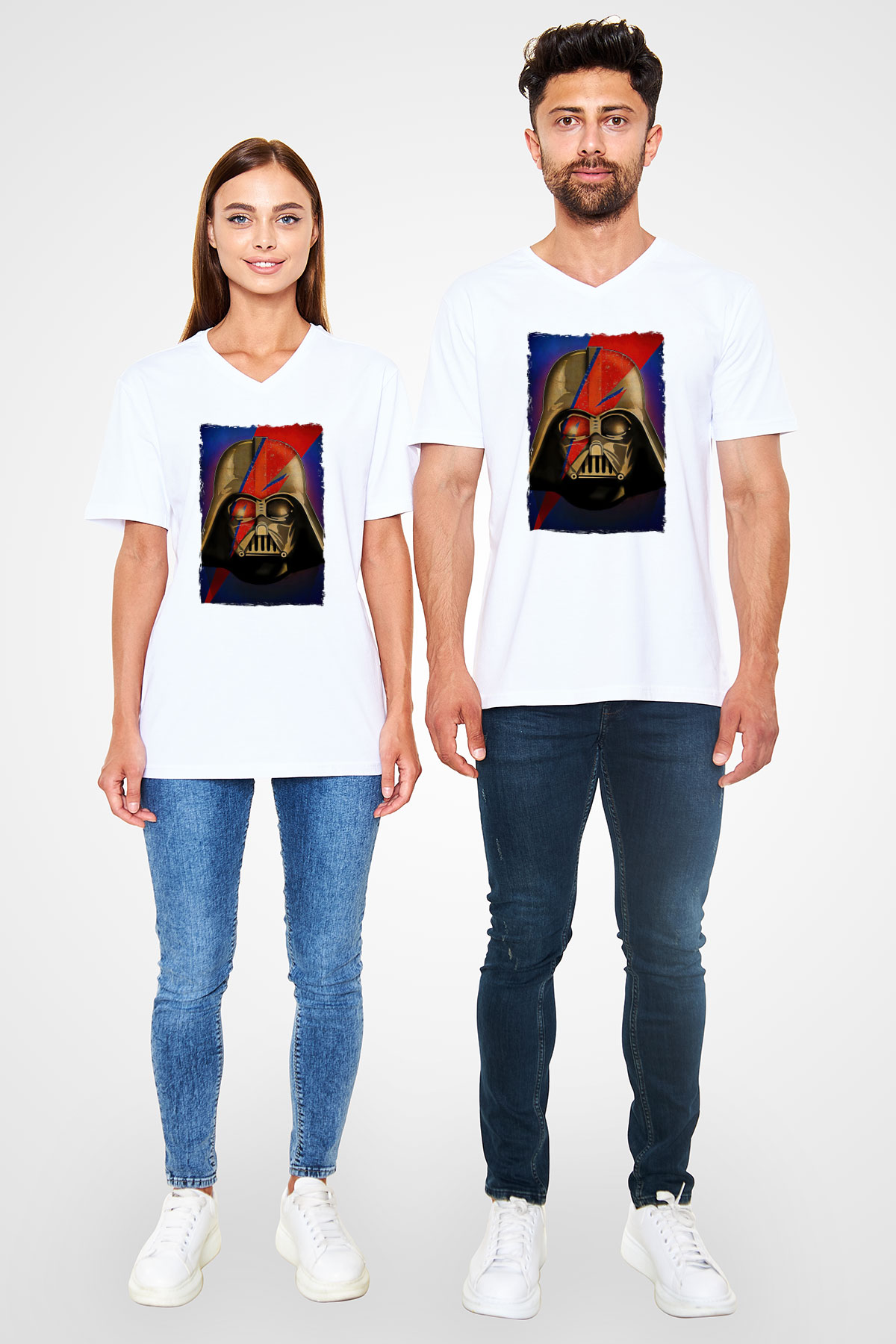 Star Wars (Dart Vader) Baskılı Beyaz Unisex V Yaka Tişört - Tshirt