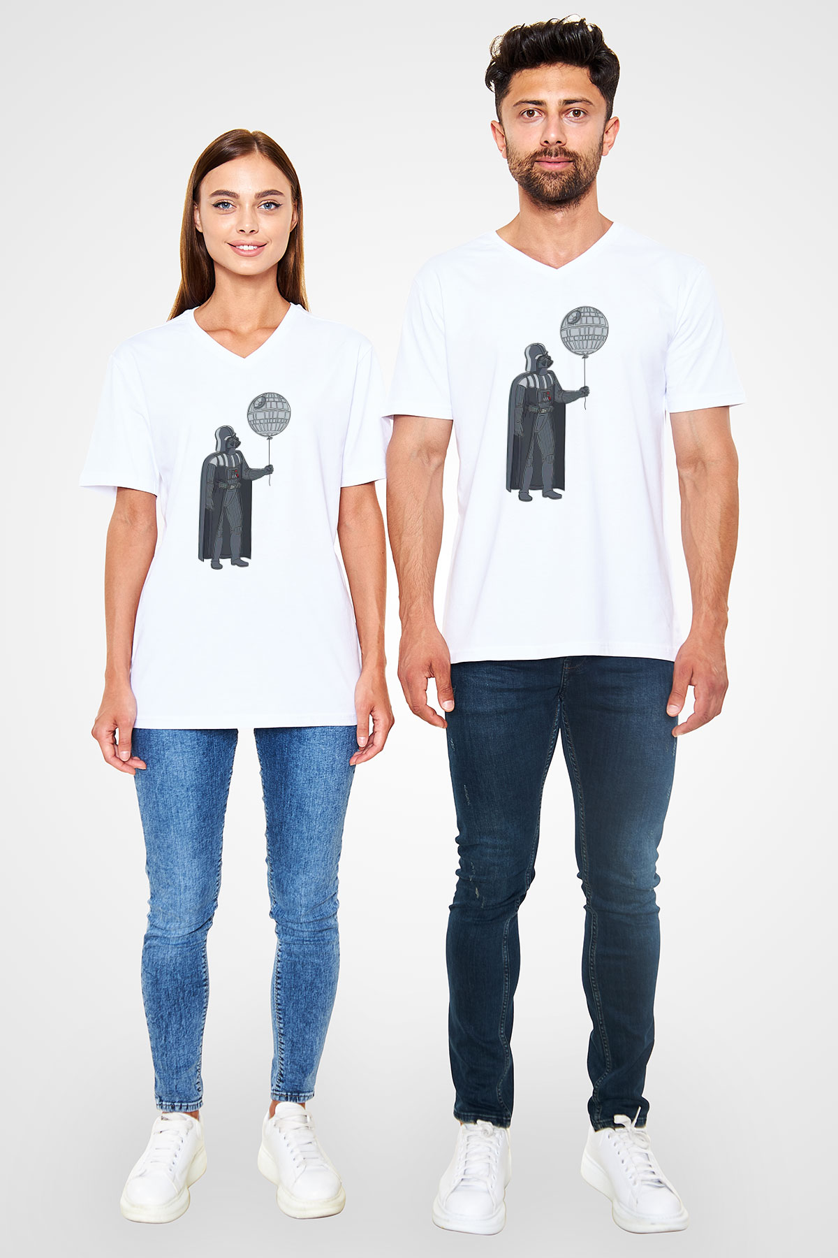 Star Wars (Dart Vader) Baskılı Beyaz Unisex V Yaka Tişört - Tshirt