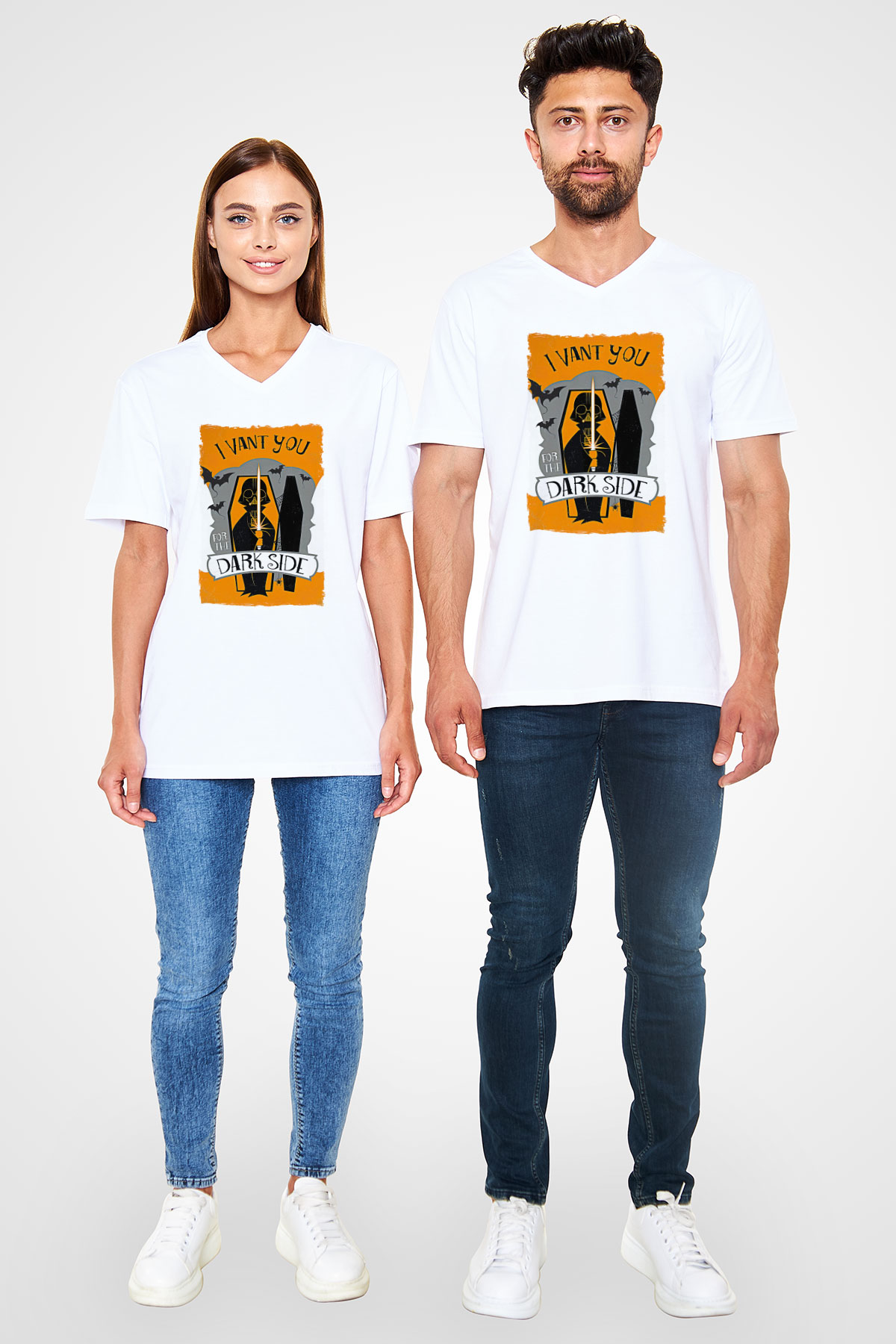 Star Wars (Dart Vader) Baskılı Beyaz Unisex V Yaka Tişört - Tshirt