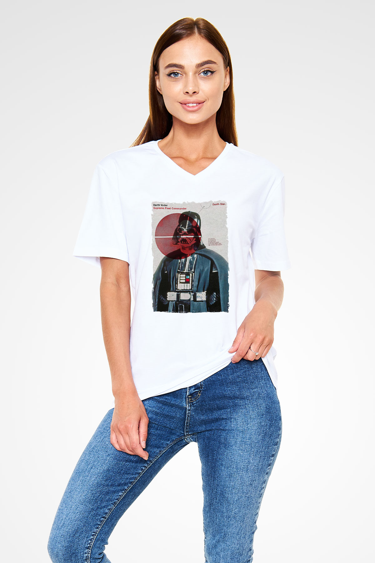 Star Wars (Dart Vader) Baskılı Beyaz Unisex V Yaka Tişört - Tshirt
