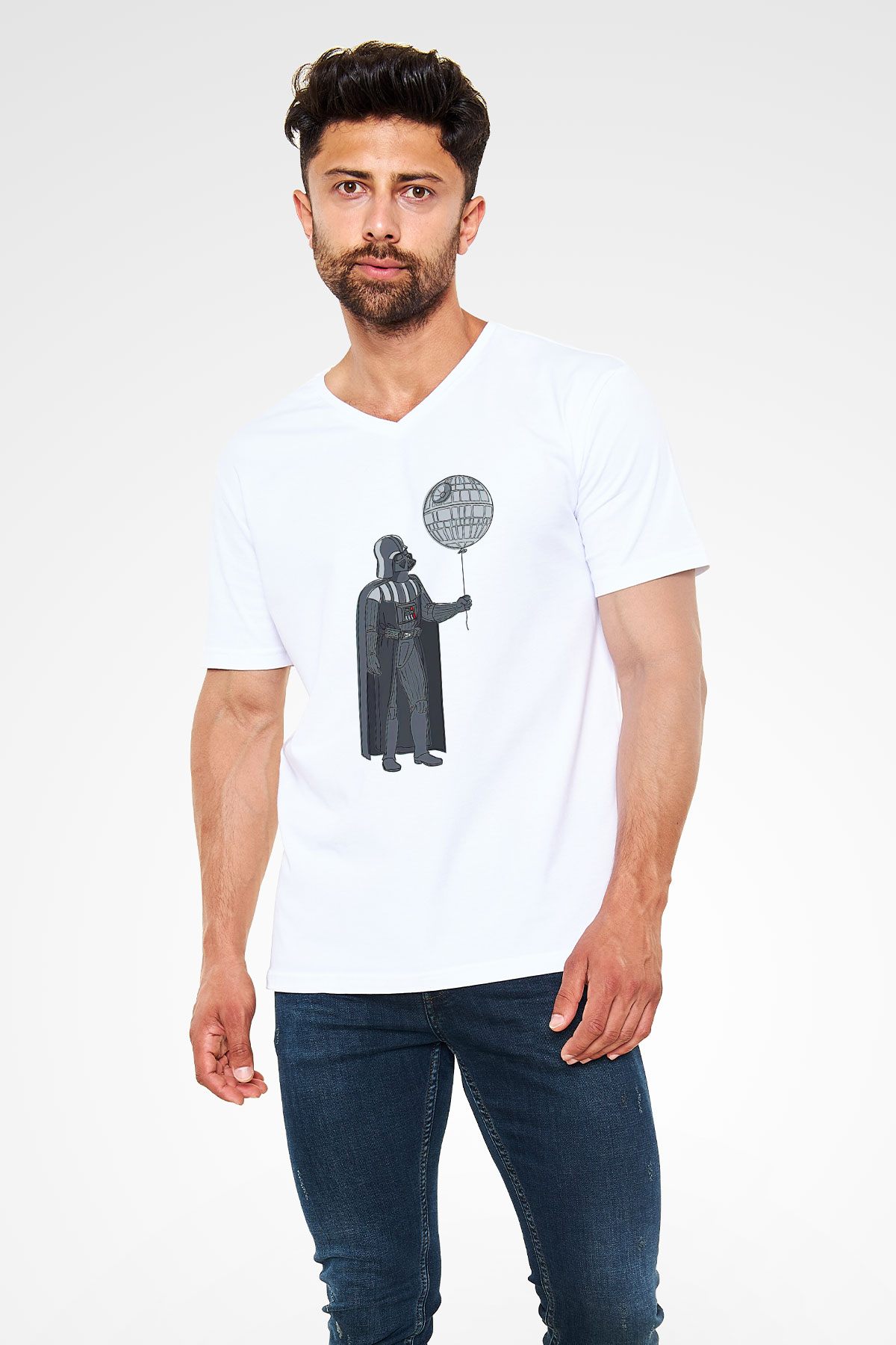Star Wars (Dart Vader) Baskılı Beyaz Unisex V Yaka Tişört - Tshirt