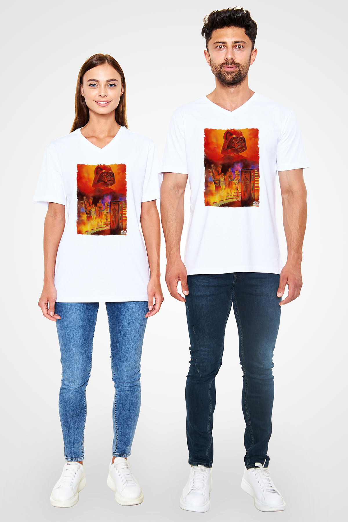 Star Wars (Dart Vader) Baskılı Beyaz Unisex V Yaka Tişört - Tshirt