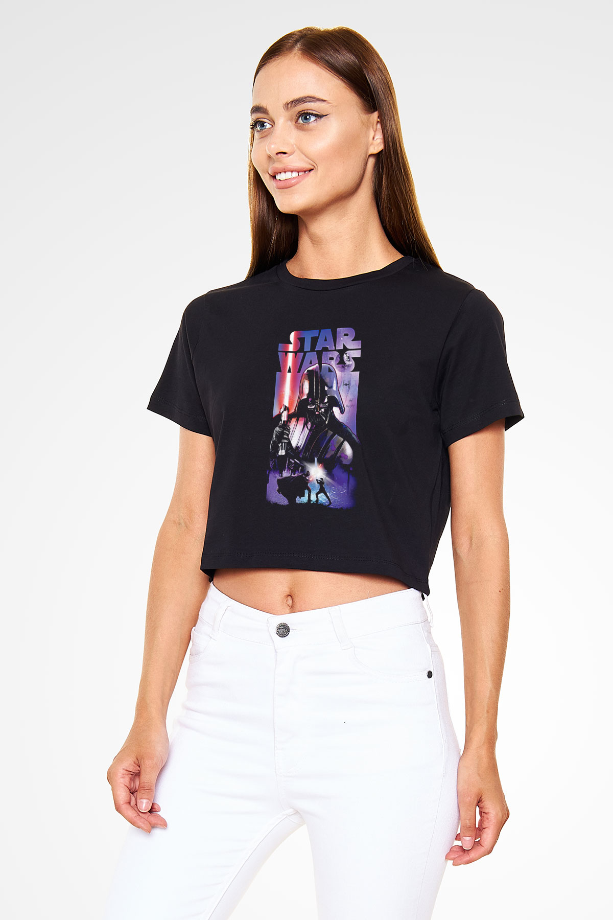 Star Wars (Dart Vader) Baskılı Siyah Crop Top Kadın Tişört - Tshirt