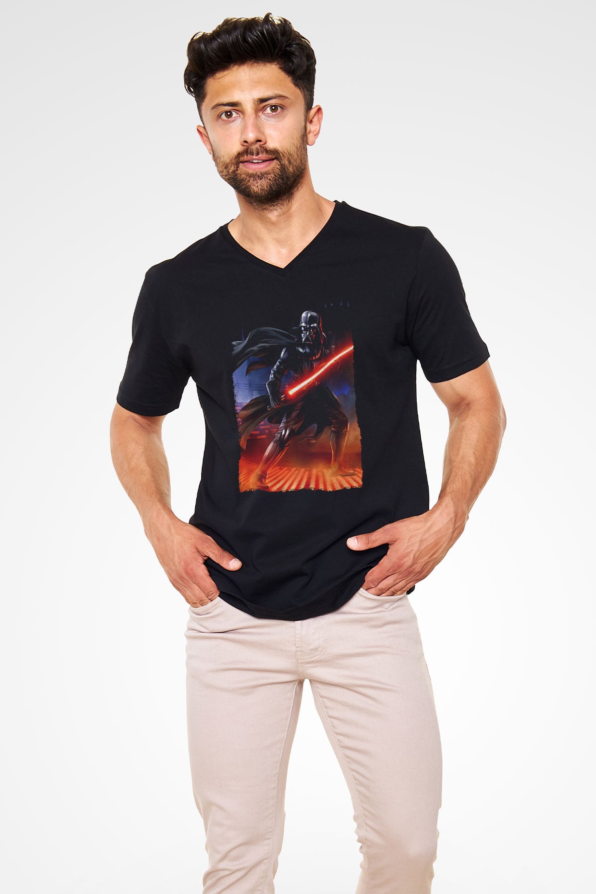 Star Wars (Dart Vader) Baskılı Unisex Siyah V Yaka Tişört - Tshirt