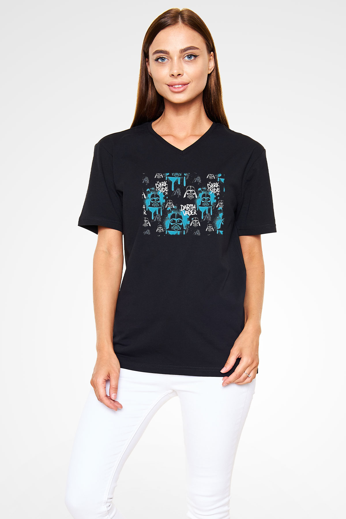 Star Wars (Dart Vader) Baskılı Unisex Siyah V Yaka Tişört - Tshirt
