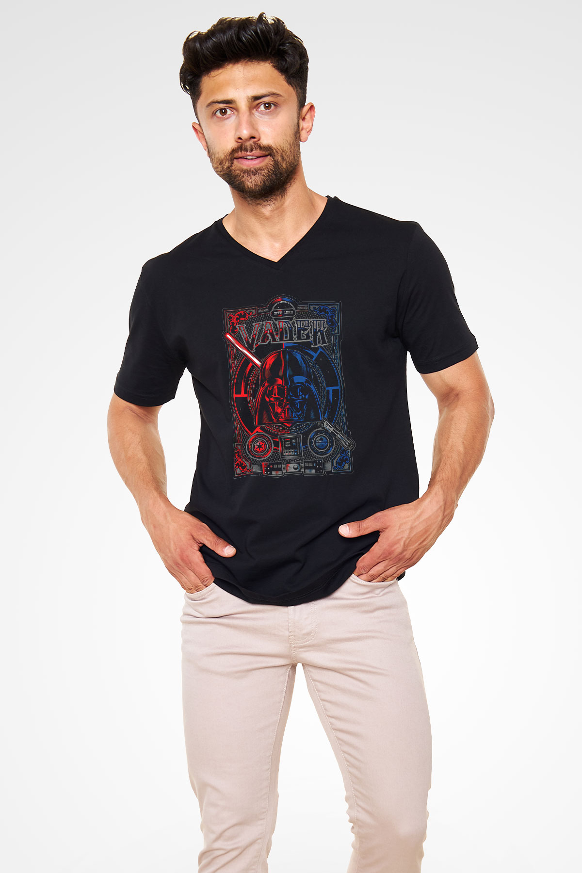 Star Wars (Dart Vader) Baskılı Unisex Siyah V Yaka Tişört - Tshirt