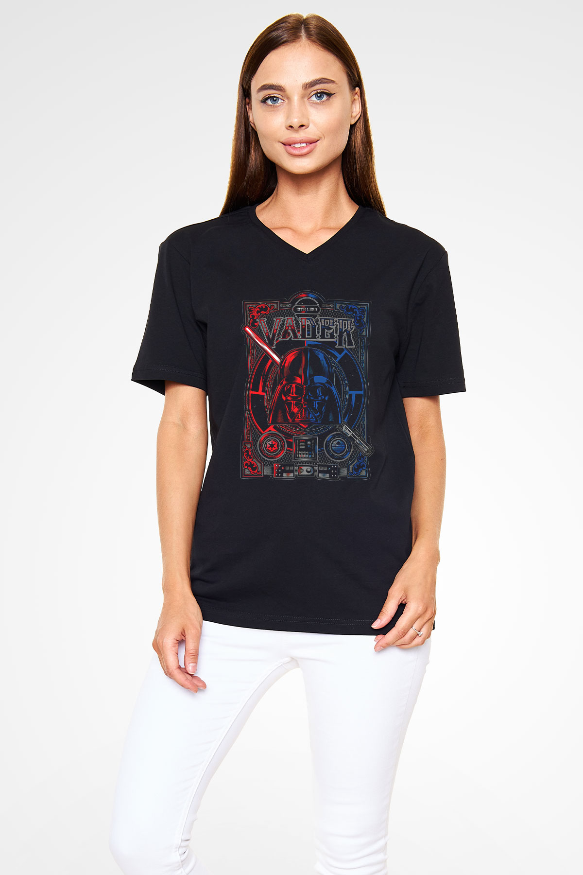 Star Wars (Dart Vader) Baskılı Unisex Siyah V Yaka Tişört - Tshirt