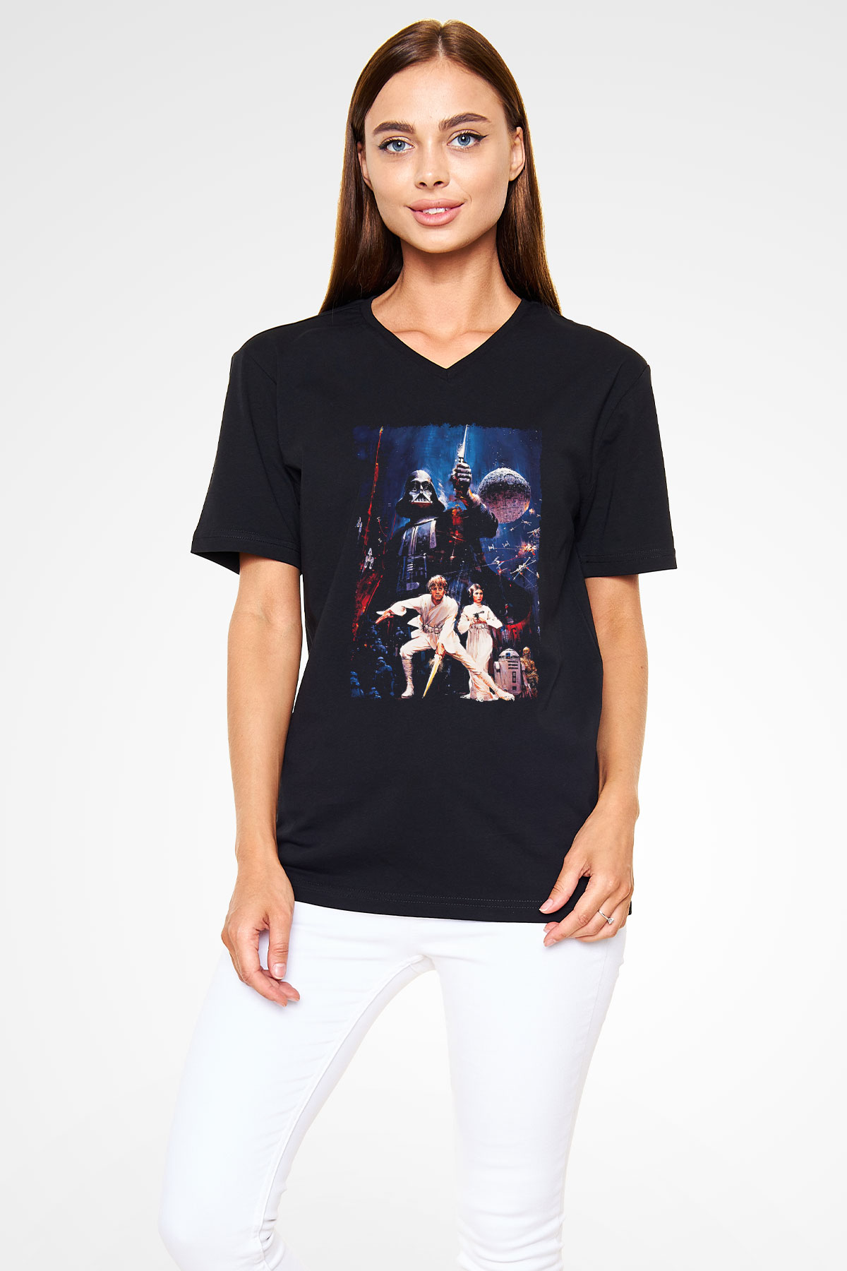 Star Wars (Dart Vader) Baskılı Unisex Siyah V Yaka Tişört - Tshirt