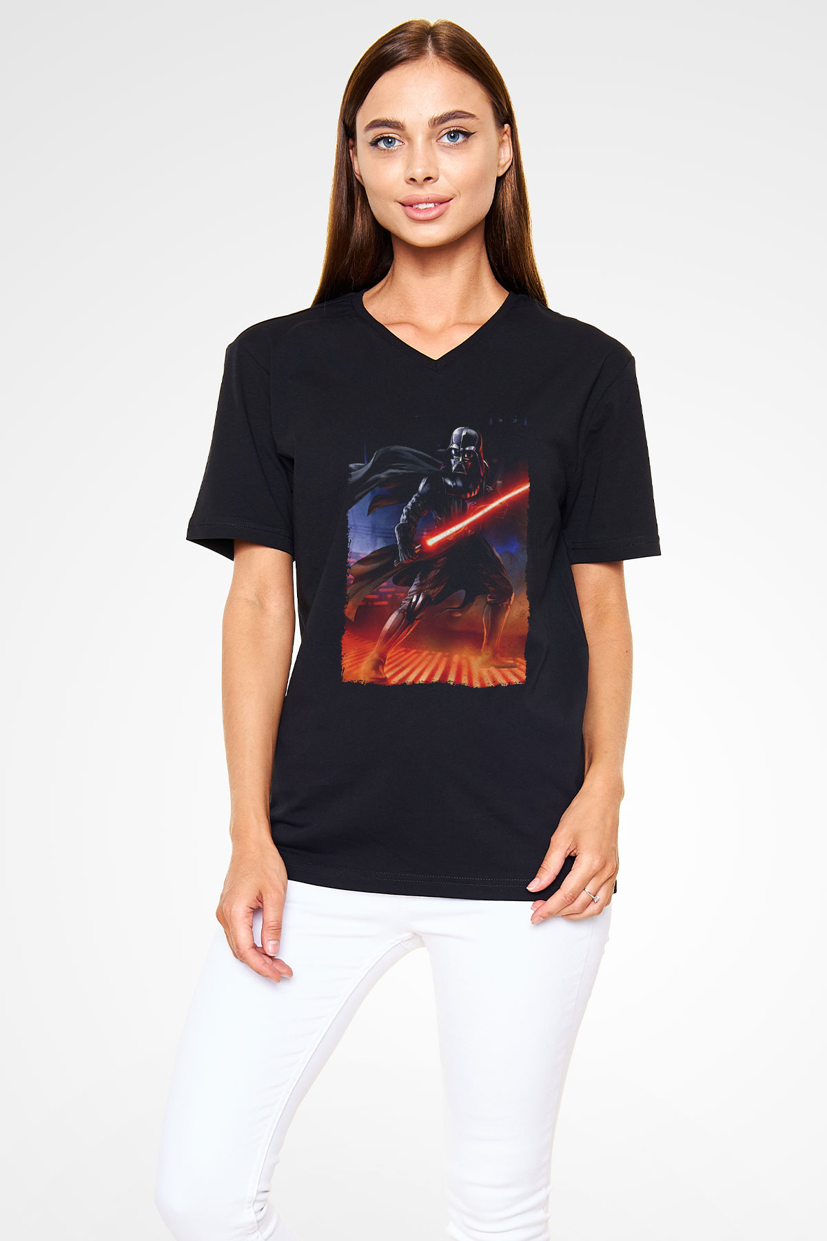 Star Wars (Dart Vader) Baskılı Unisex Siyah V Yaka Tişört - Tshirt