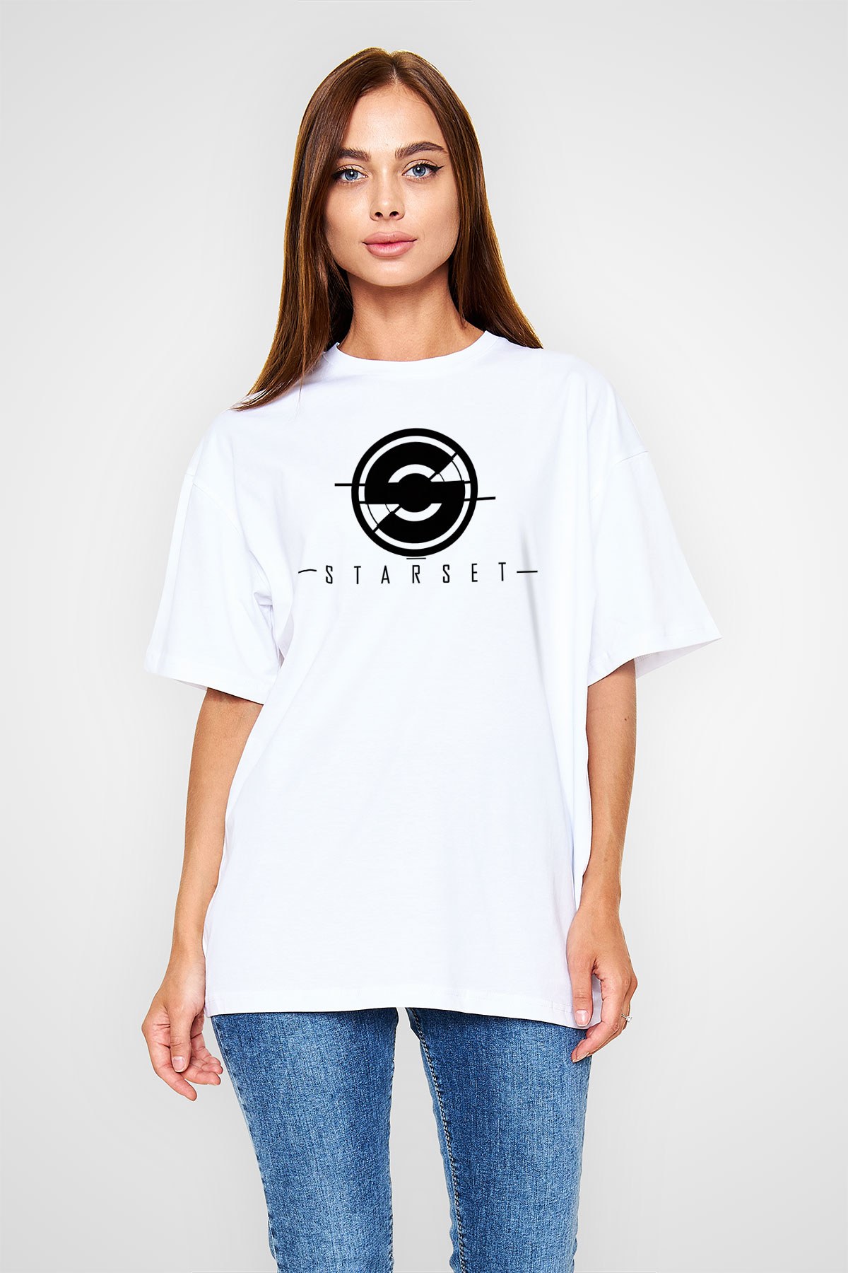 Starset Baskılı Beyaz Unisex Oversize Tişört - Tshirt