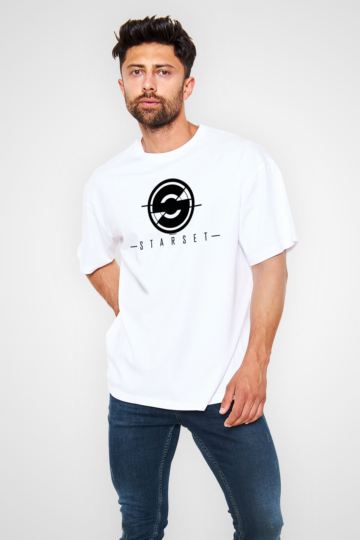 Starset Baskılı Beyaz Unisex Oversize Tişört - Tshirt