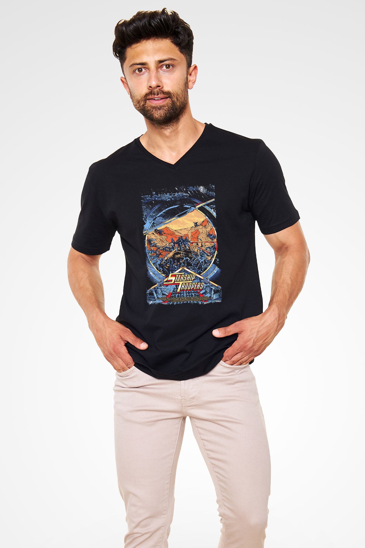 Starship Troopers Siyah Unisex  V Yaka Tişört