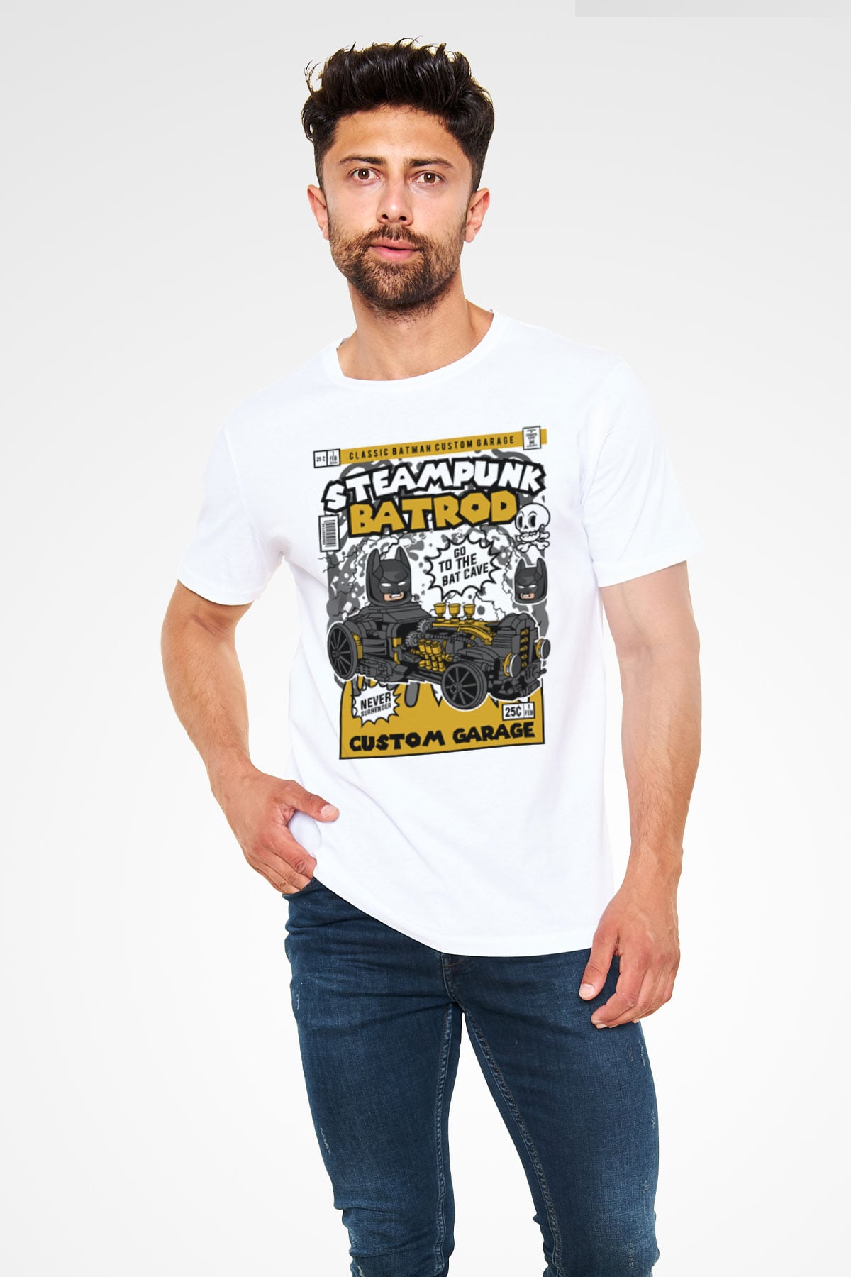 Steampunk BatRod Baskılı Unisex Beyaz Tişört