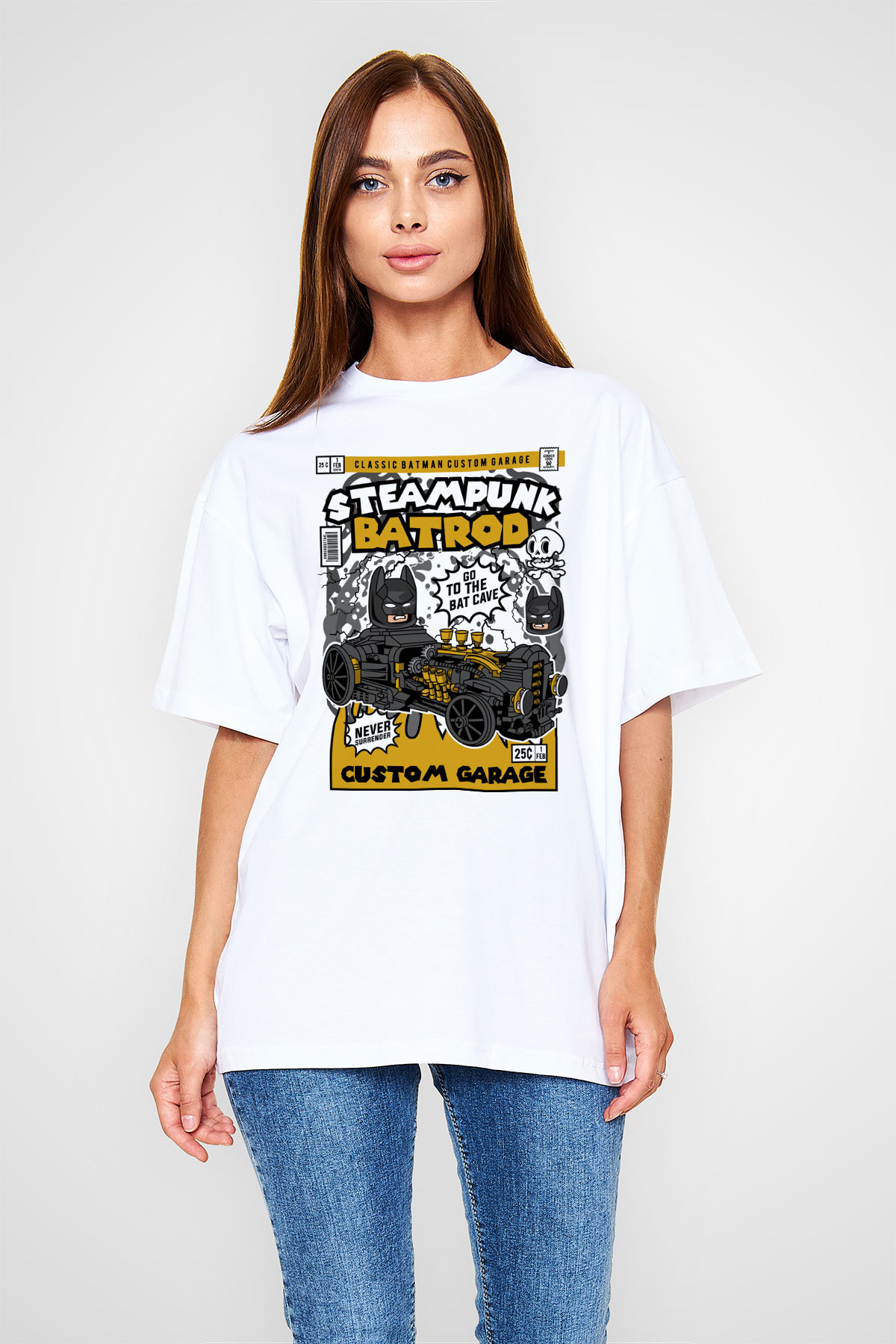 Steampunk BatRod Baskılı Unisex Beyaz Oversize Tişört