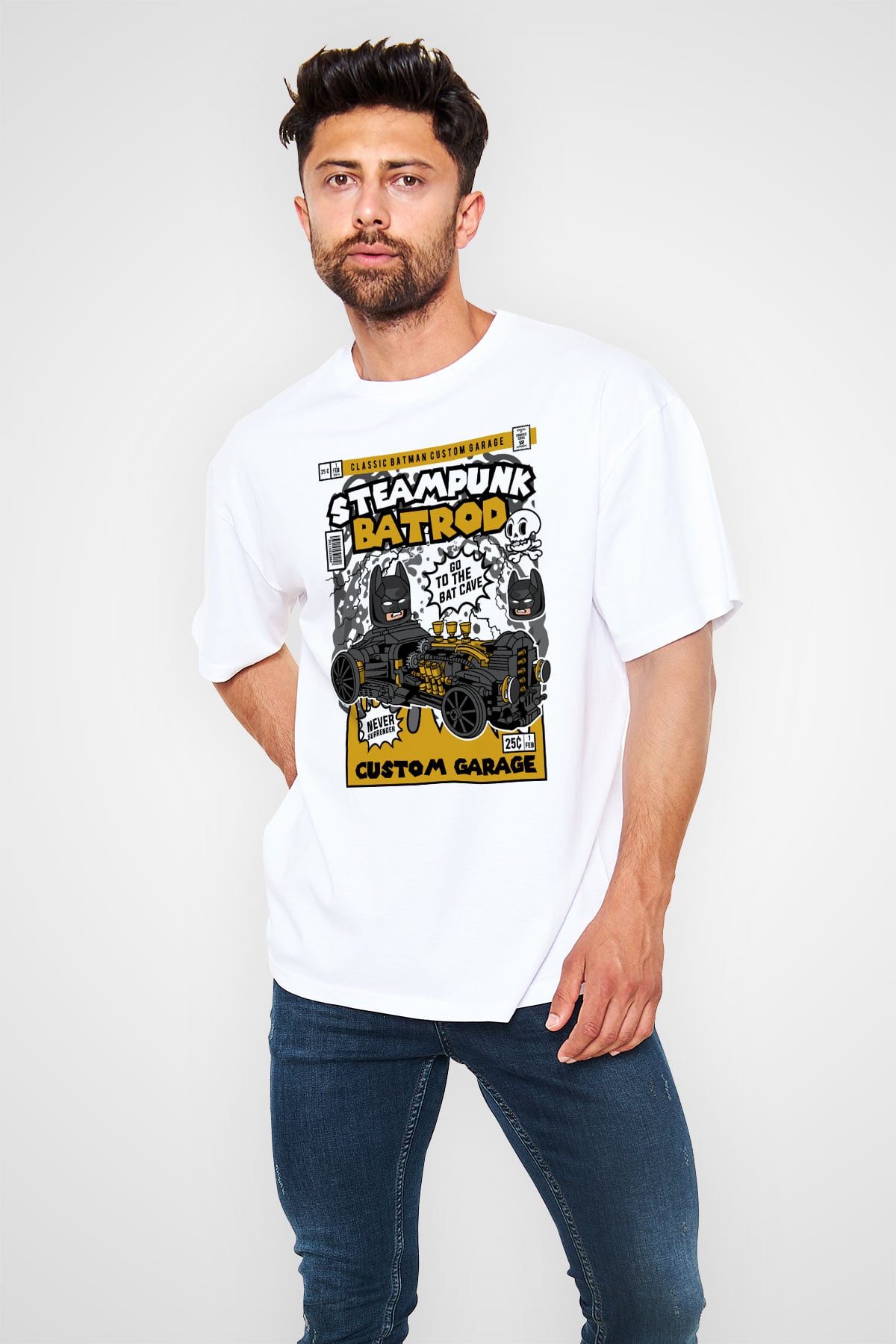 Steampunk BatRod Baskılı Unisex Beyaz Oversize Tişört