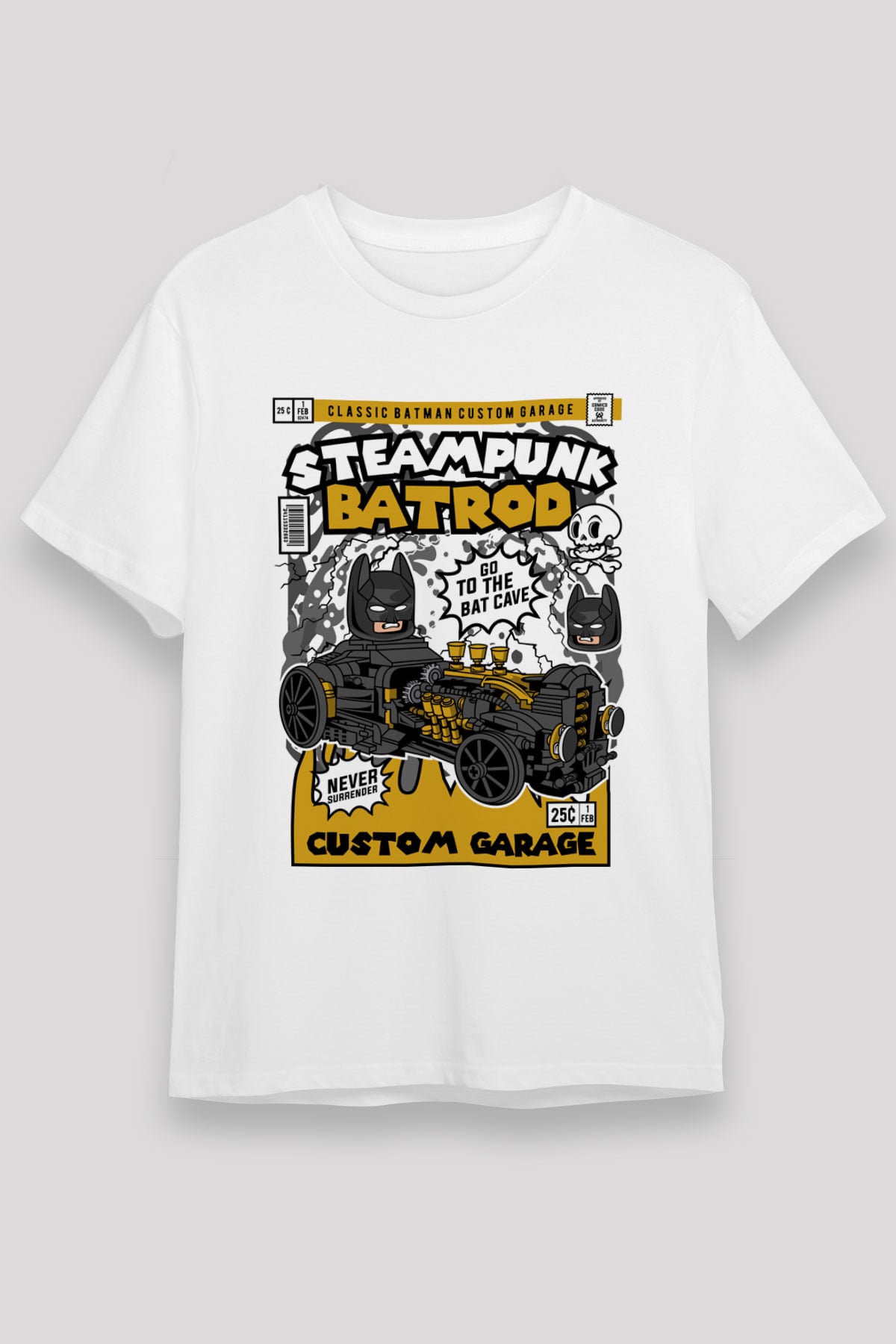 Steampunk BatRod Baskılı Unisex Beyaz Tişört