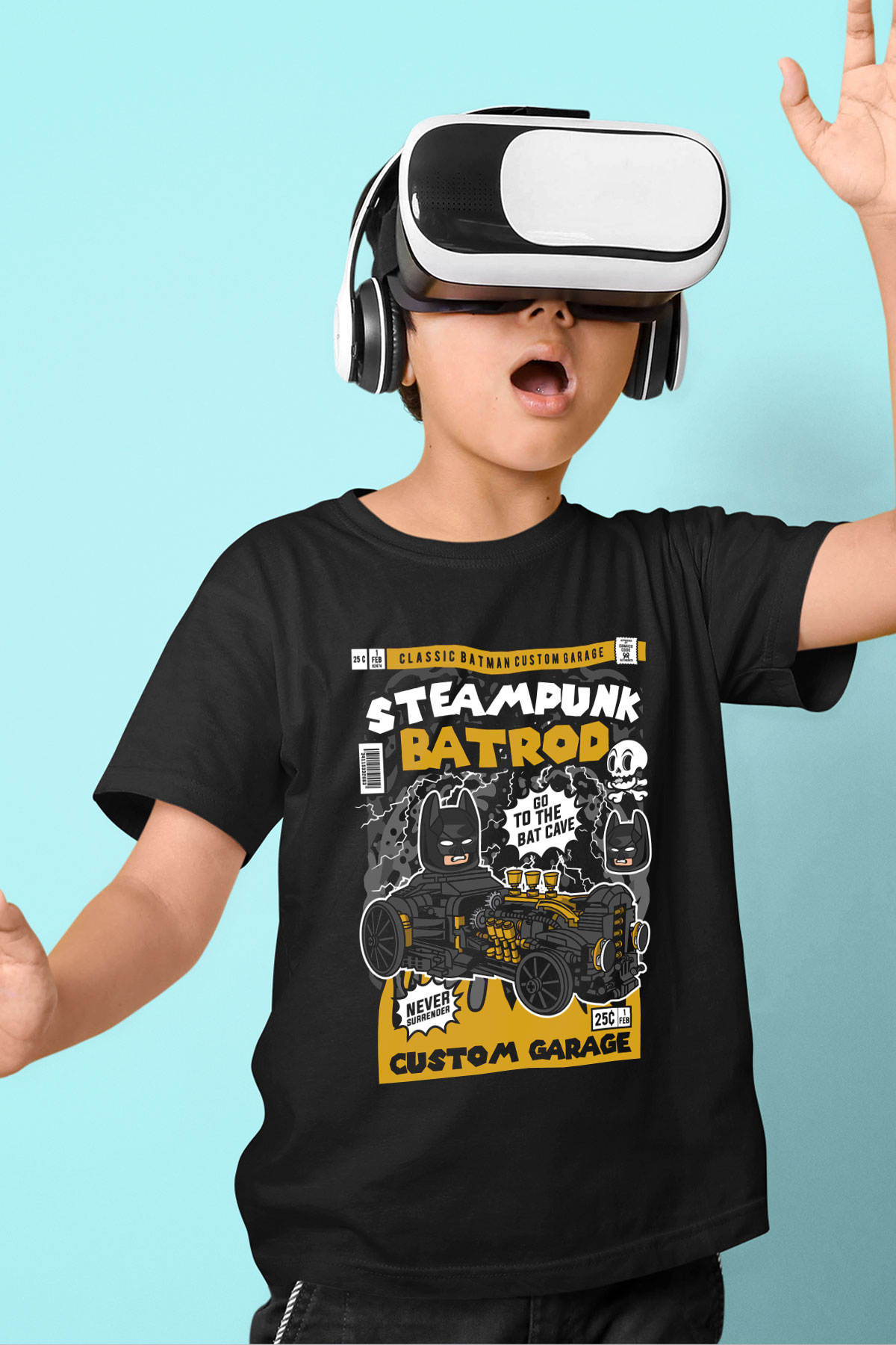 Steampunk BatRod Baskılı Unisex Siyah Çocuk Tişört