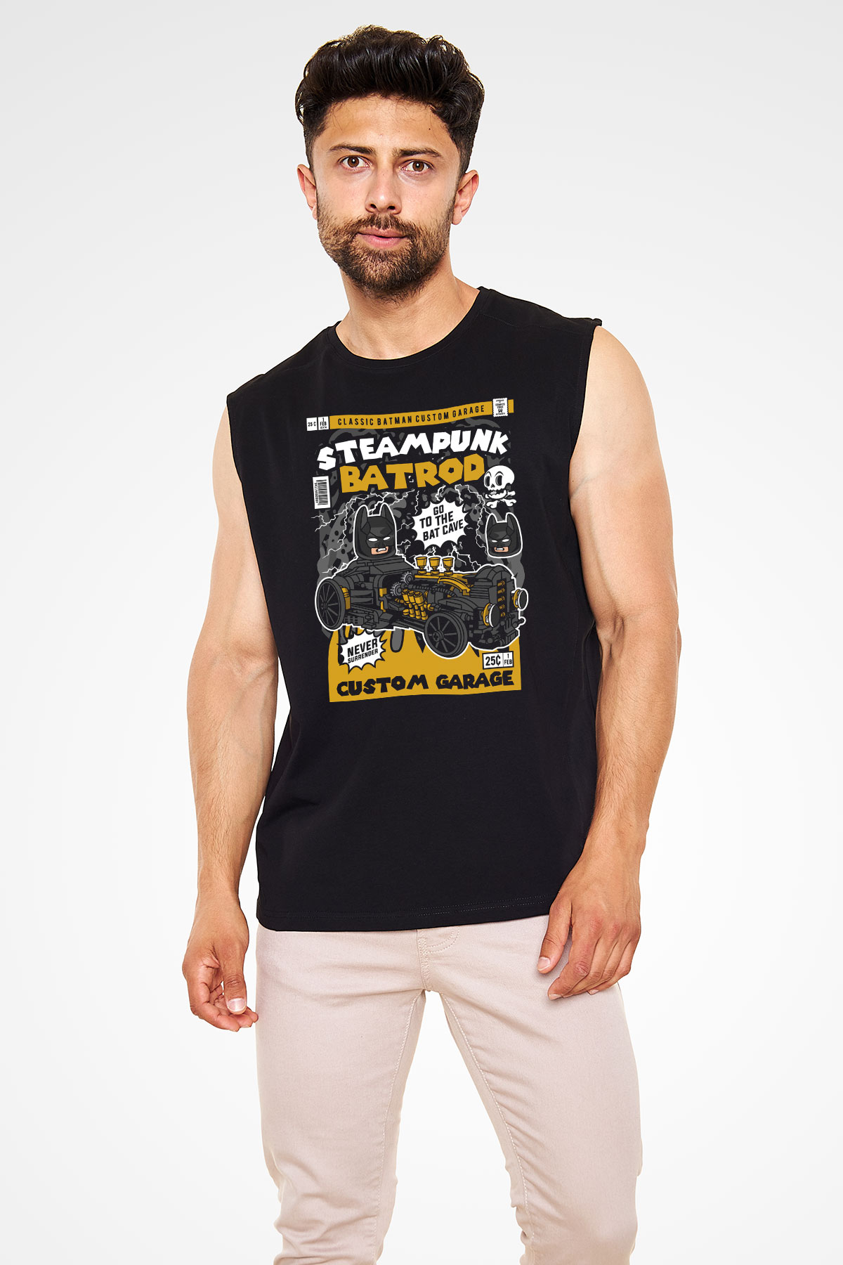 Steampunk BatRod Baskılı Unisex Siyah Kolsuz Tişört
