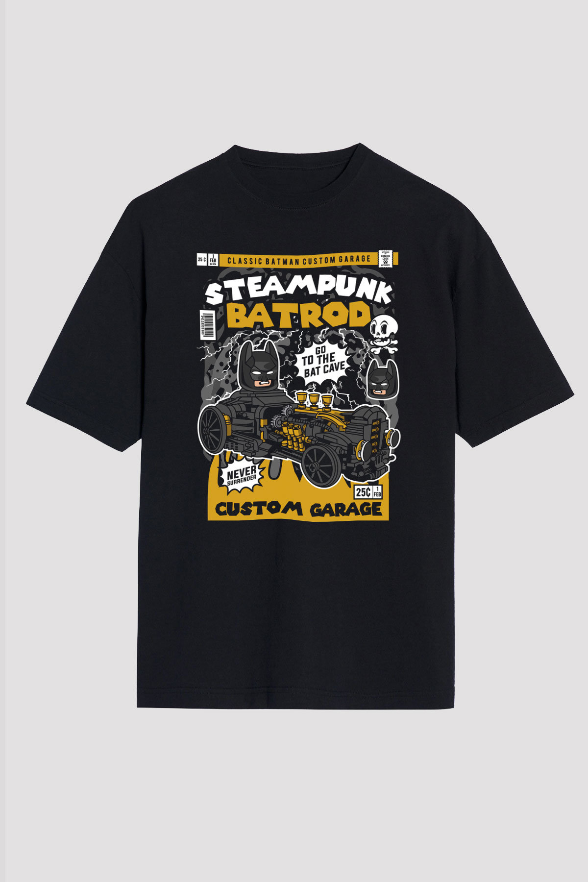 Steampunk BatRod Baskılı Unisex Siyah Oversize Tişört