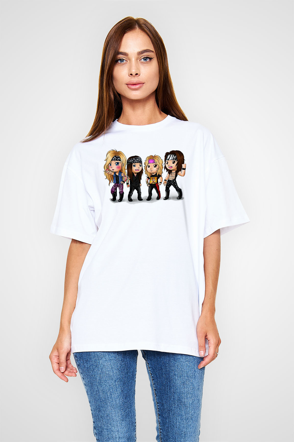 Steel Panther Baskılı Beyaz Unisex Oversize Tişört - Tshirt