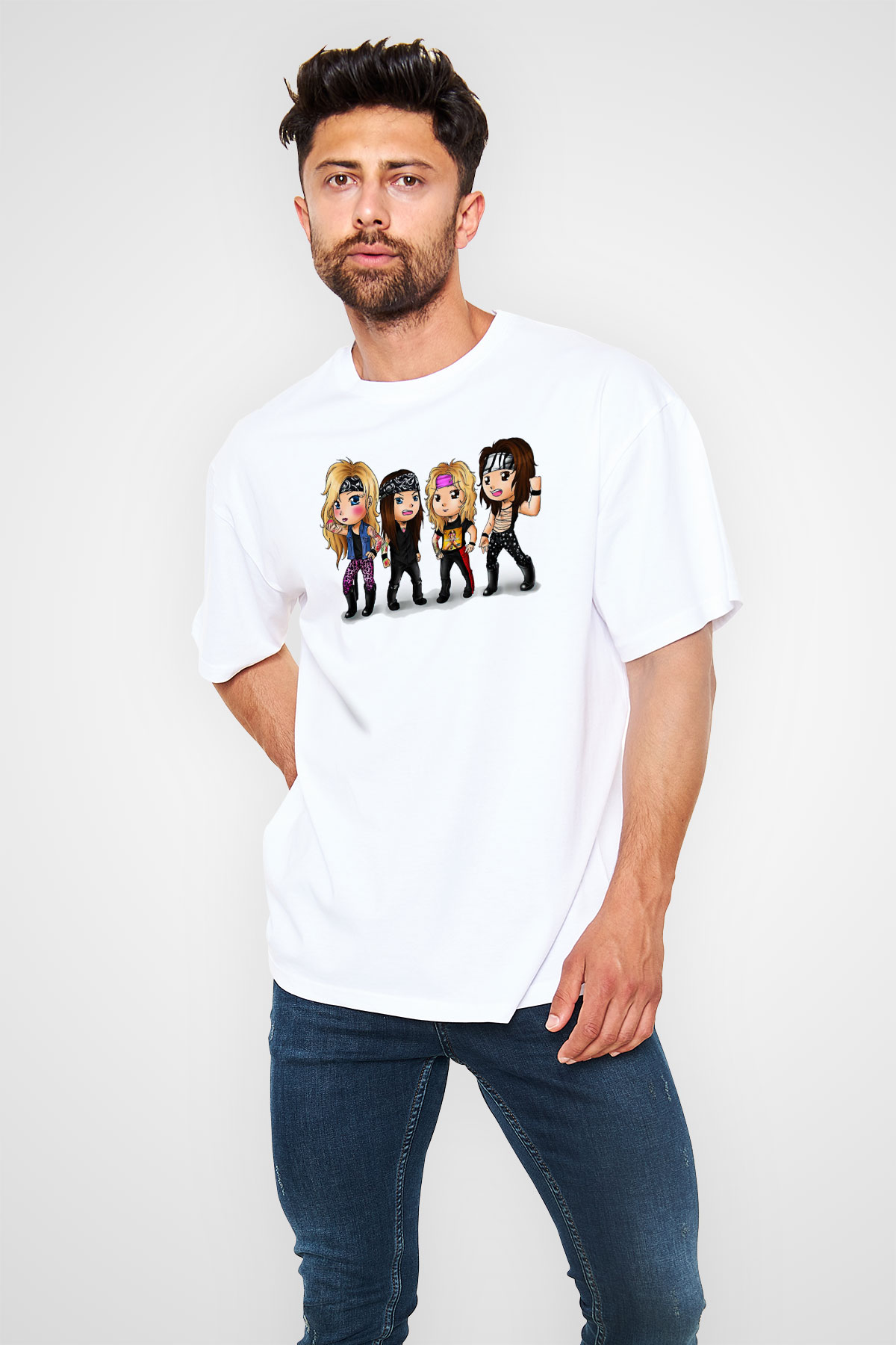 Steel Panther Baskılı Beyaz Unisex Oversize Tişört - Tshirt