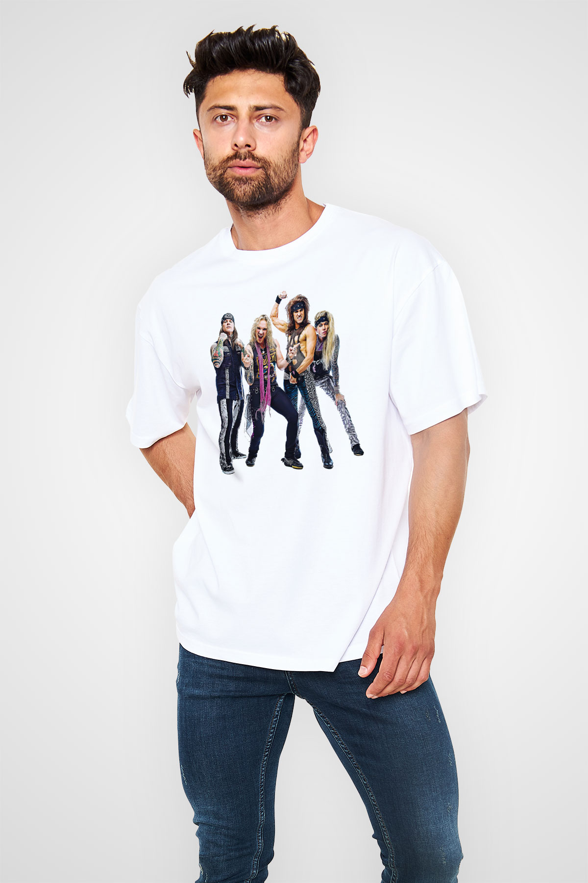 Steel Panther Baskılı Beyaz Unisex Oversize Tişört - Tshirt