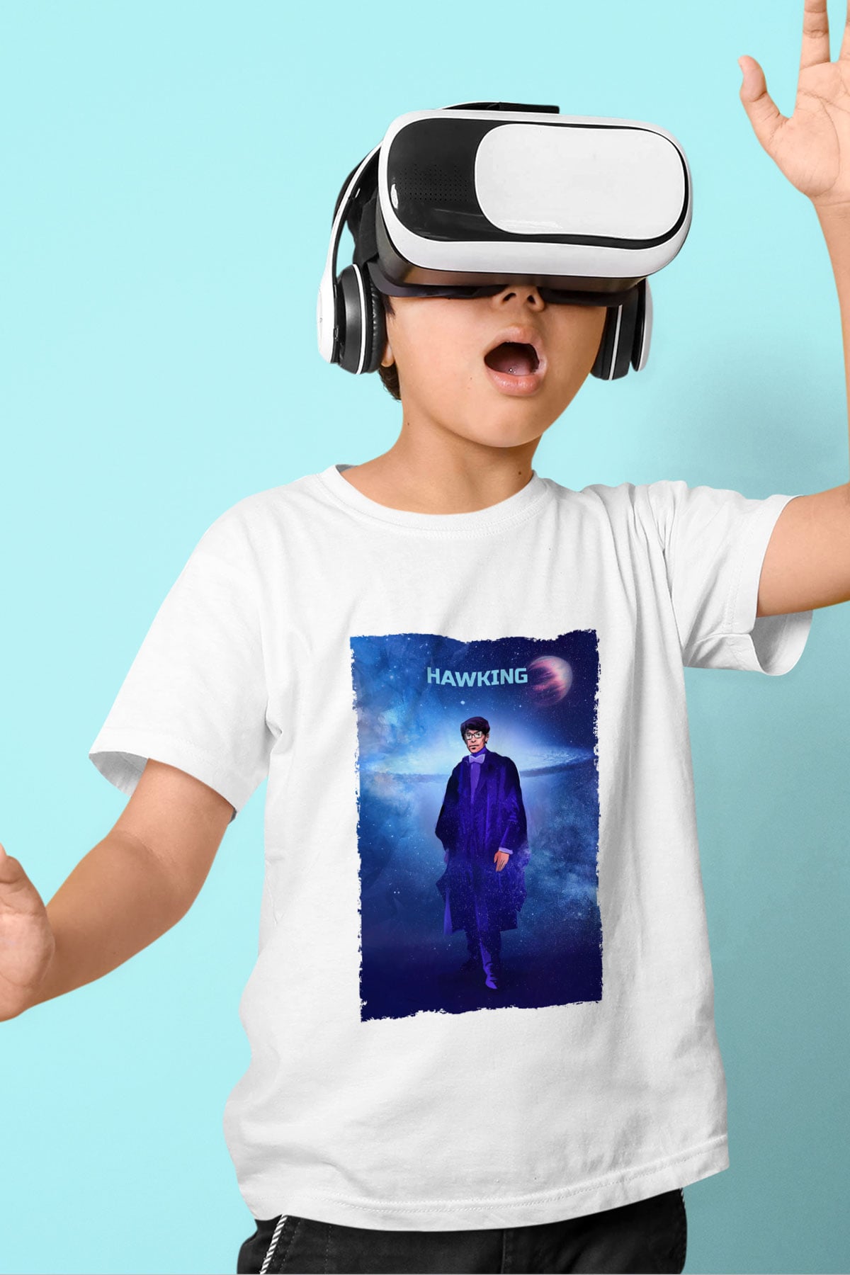 Stephen Hawking Baskılı Unisex Beyaz Çocuk Tişörtü - Tshirt