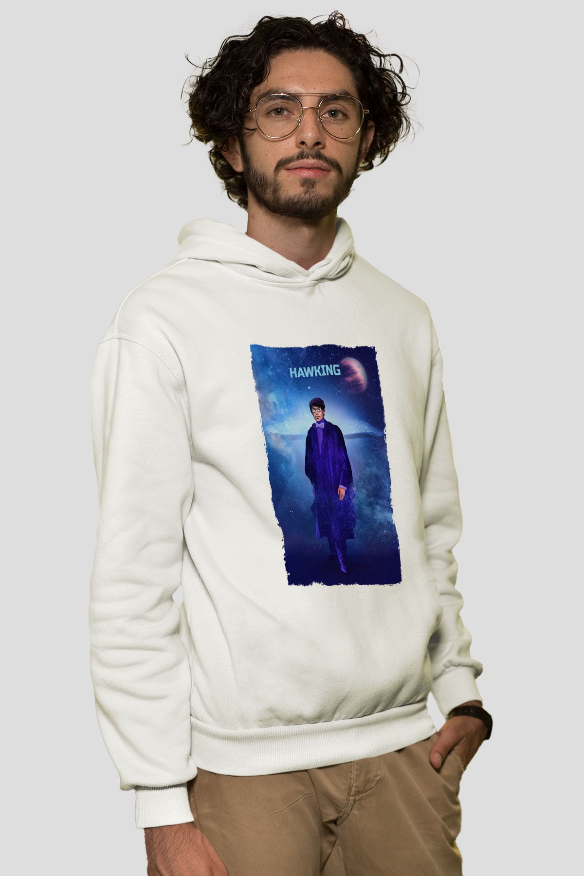 Stephen Hawking Baskılı Unisex Ekru Hoodie