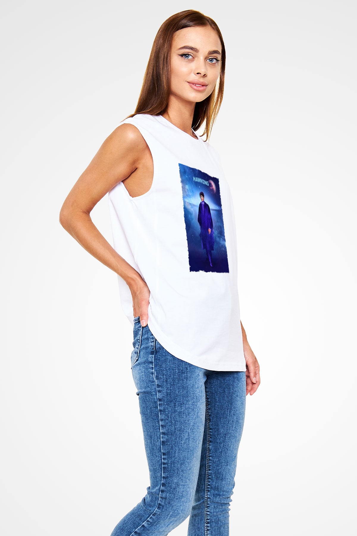 Stephen Hawking Baskılı Unisex Kolsuz Beyaz Tişört - Tshirt