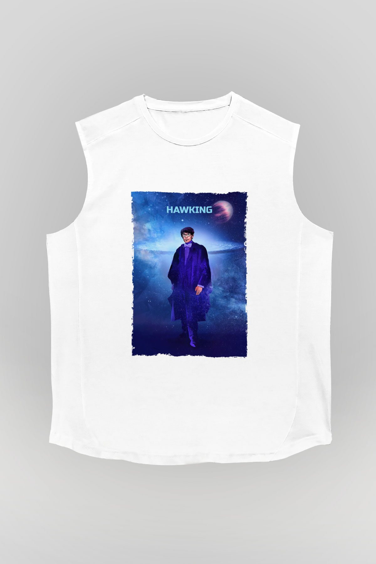 Stephen Hawking Baskılı Unisex Kolsuz Beyaz Tişört - Tshirt
