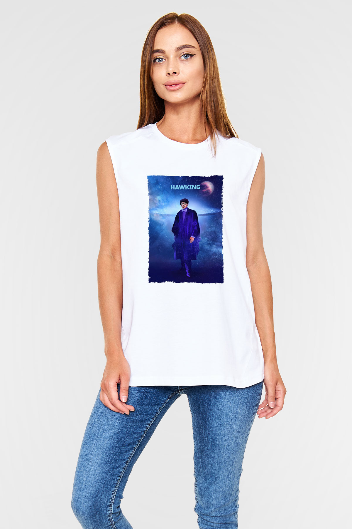 Stephen Hawking Baskılı Unisex Kolsuz Beyaz Tişört - Tshirt