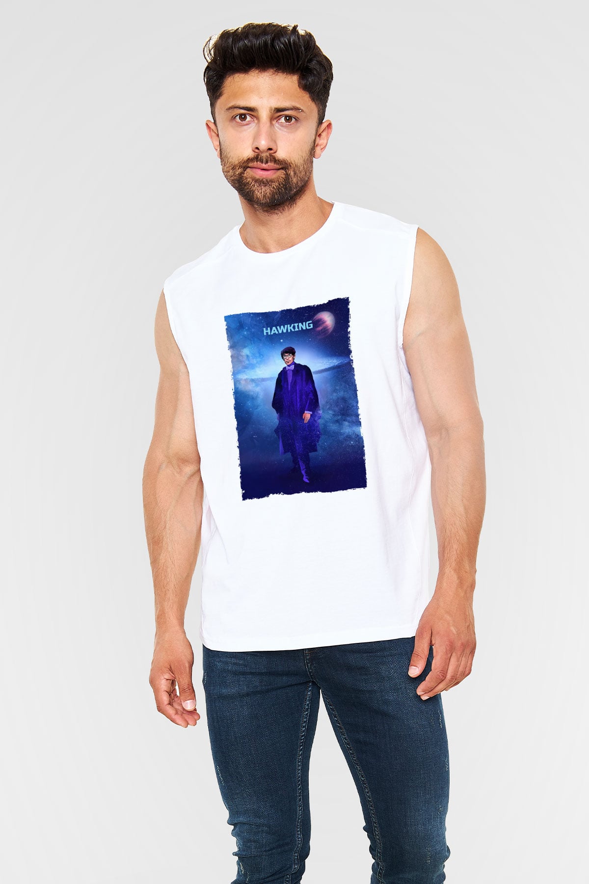 Stephen Hawking Baskılı Unisex Kolsuz Beyaz Tişört - Tshirt