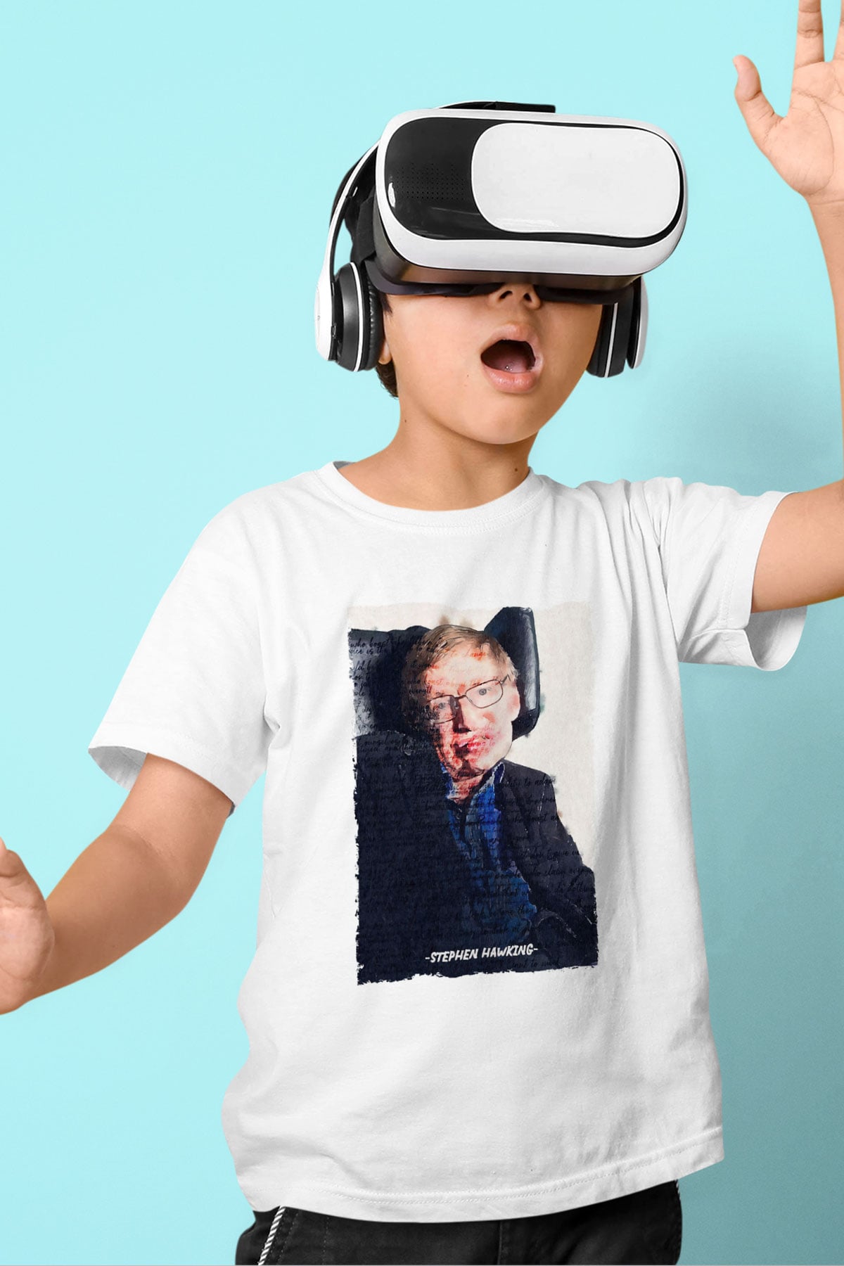 Stephen Hawking Yazılı Portre Baskılı Unisex Beyaz Çocuk Tişörtü - Tshirt