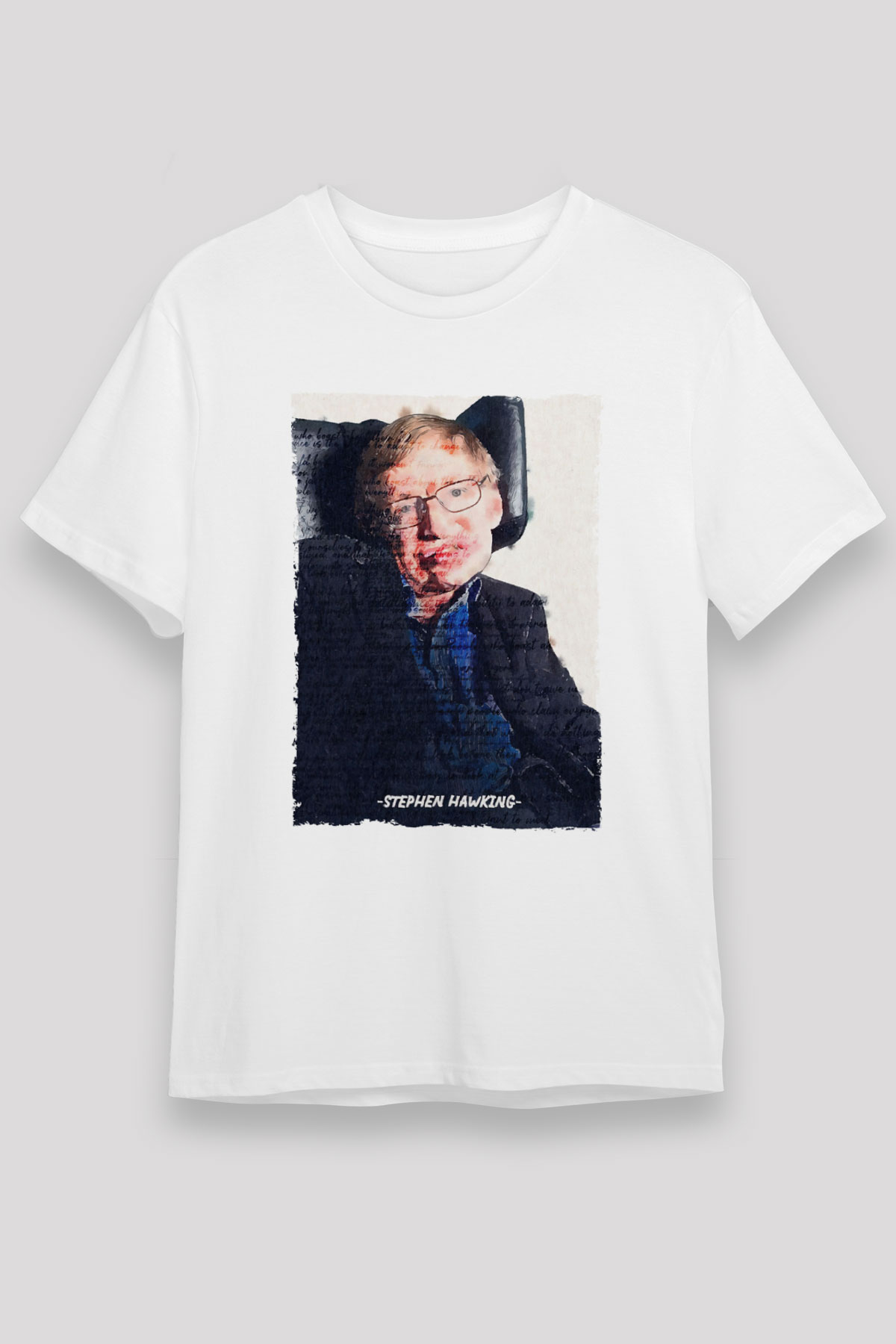 Stephen Hawking Yazılı Portre Baskılı Unisex Beyaz Tişört - Tshirt