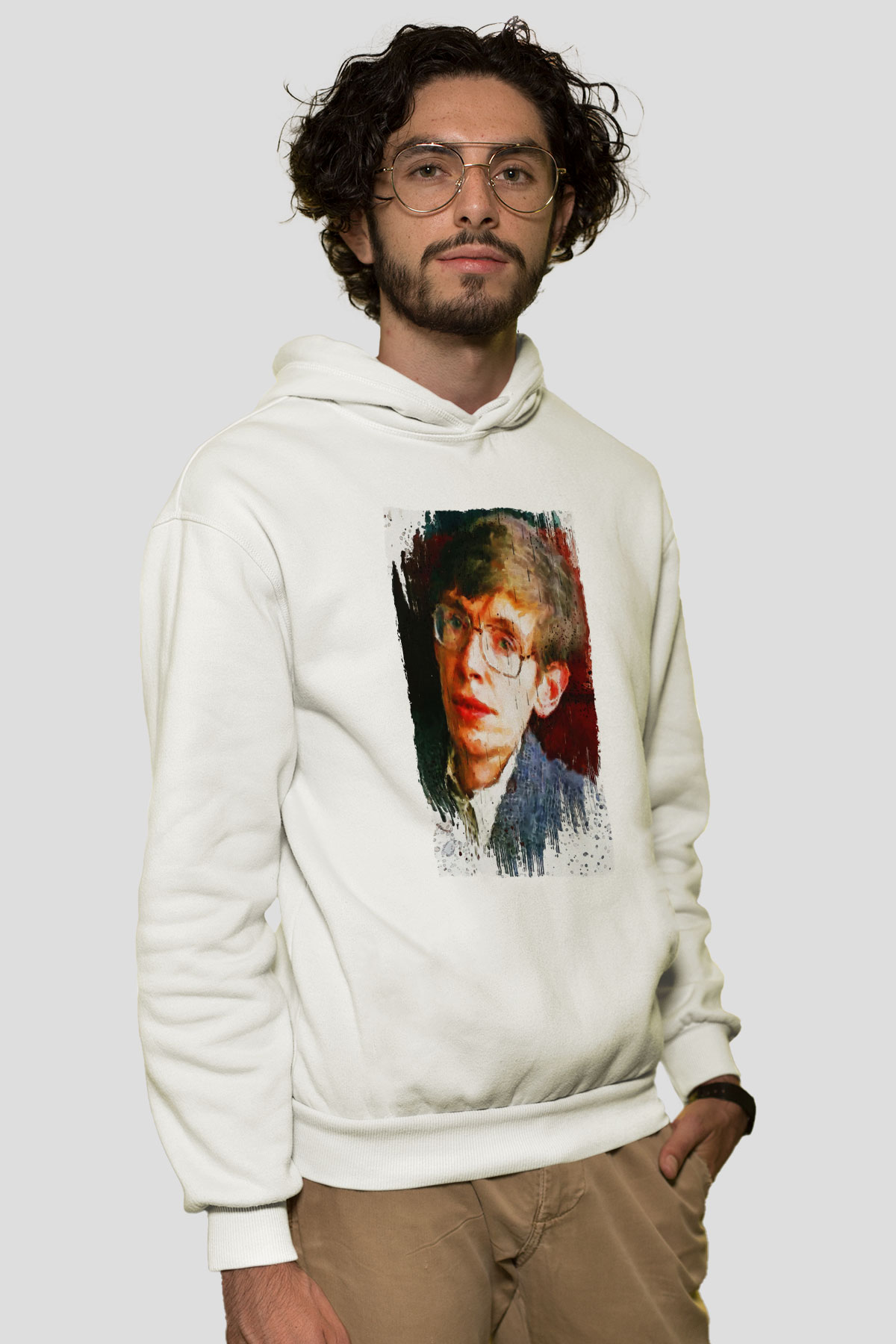 Stephen William Hawking Baskılı Unisex Ekru Hoodie