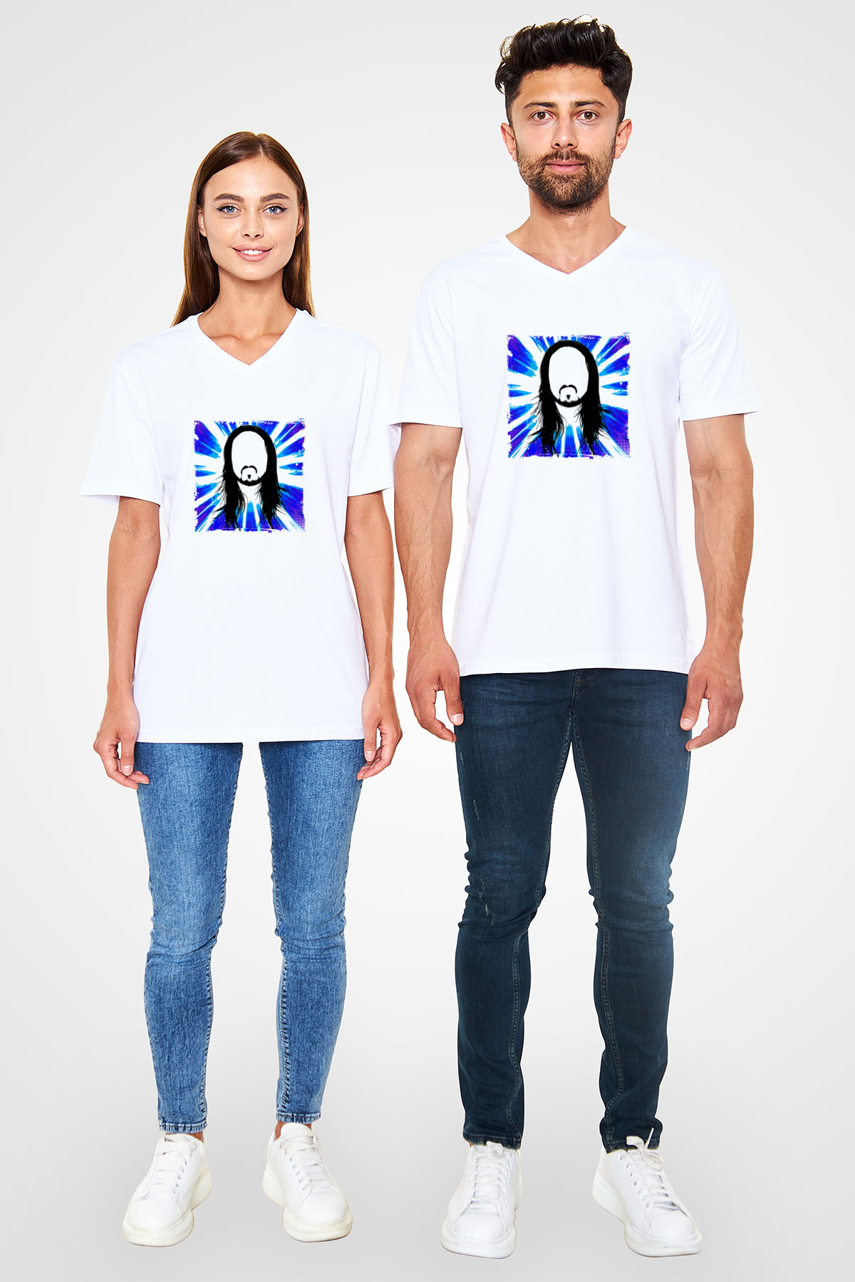 Steve Aoki Baskılı Beyaz V Yaka Unisex Tişört