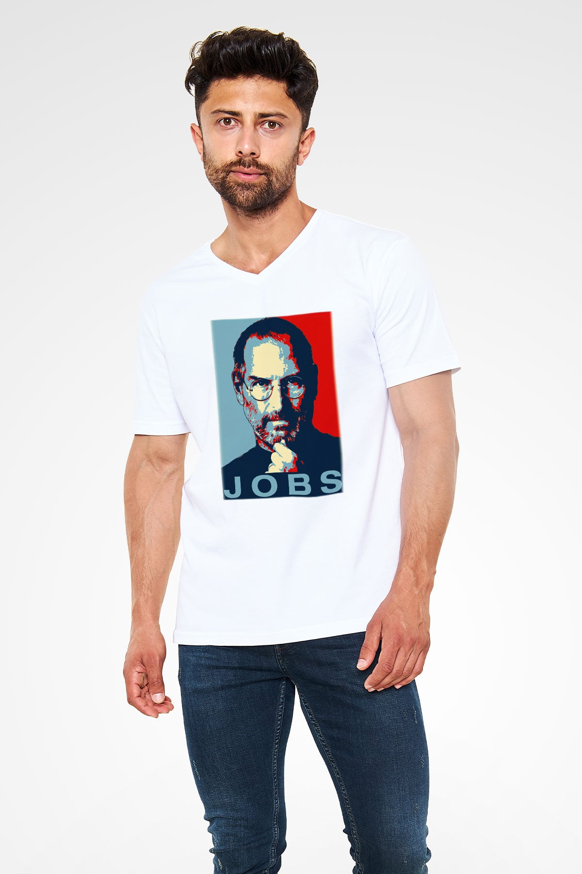Steve Jobs Beyaz Unisex V Yaka Tişört T-Shirt